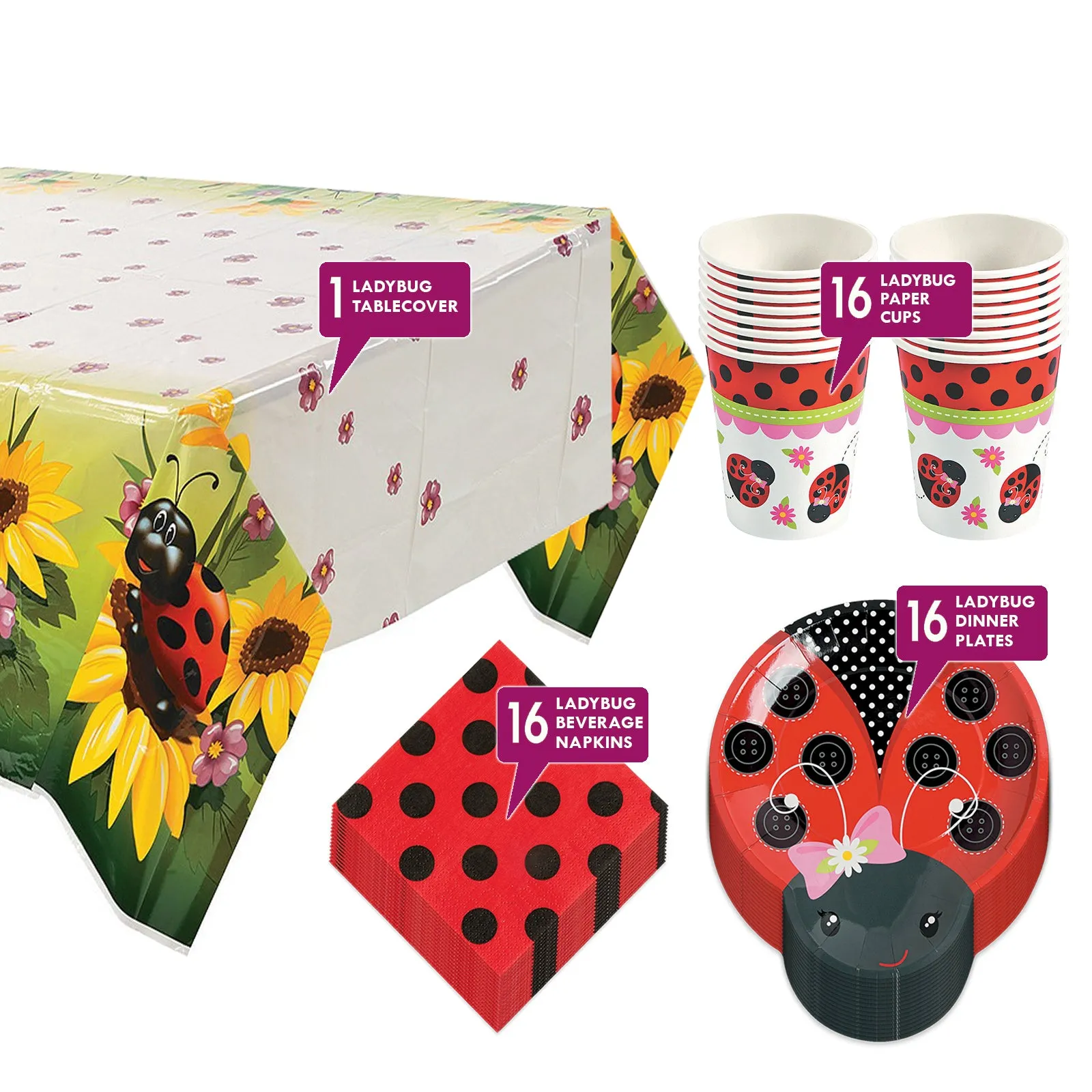 Little Ladybug Party Pack - Shaped Paper Dinner Plates, Polka Dot Beverage Napkins, Cups, and Table Cover Set (Serves 16)