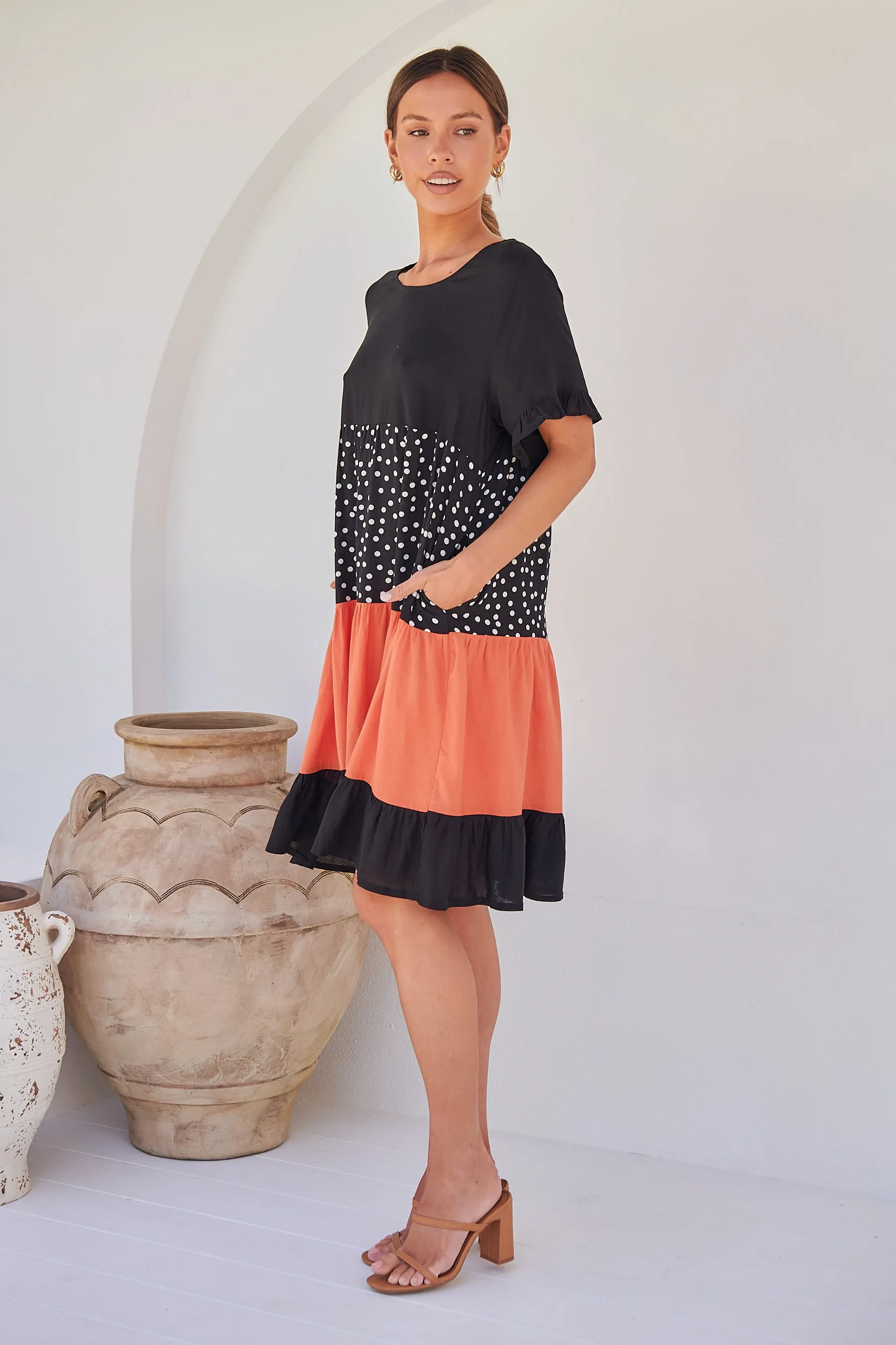 Madeline Black/Melon Polka Smock Pocket Dress