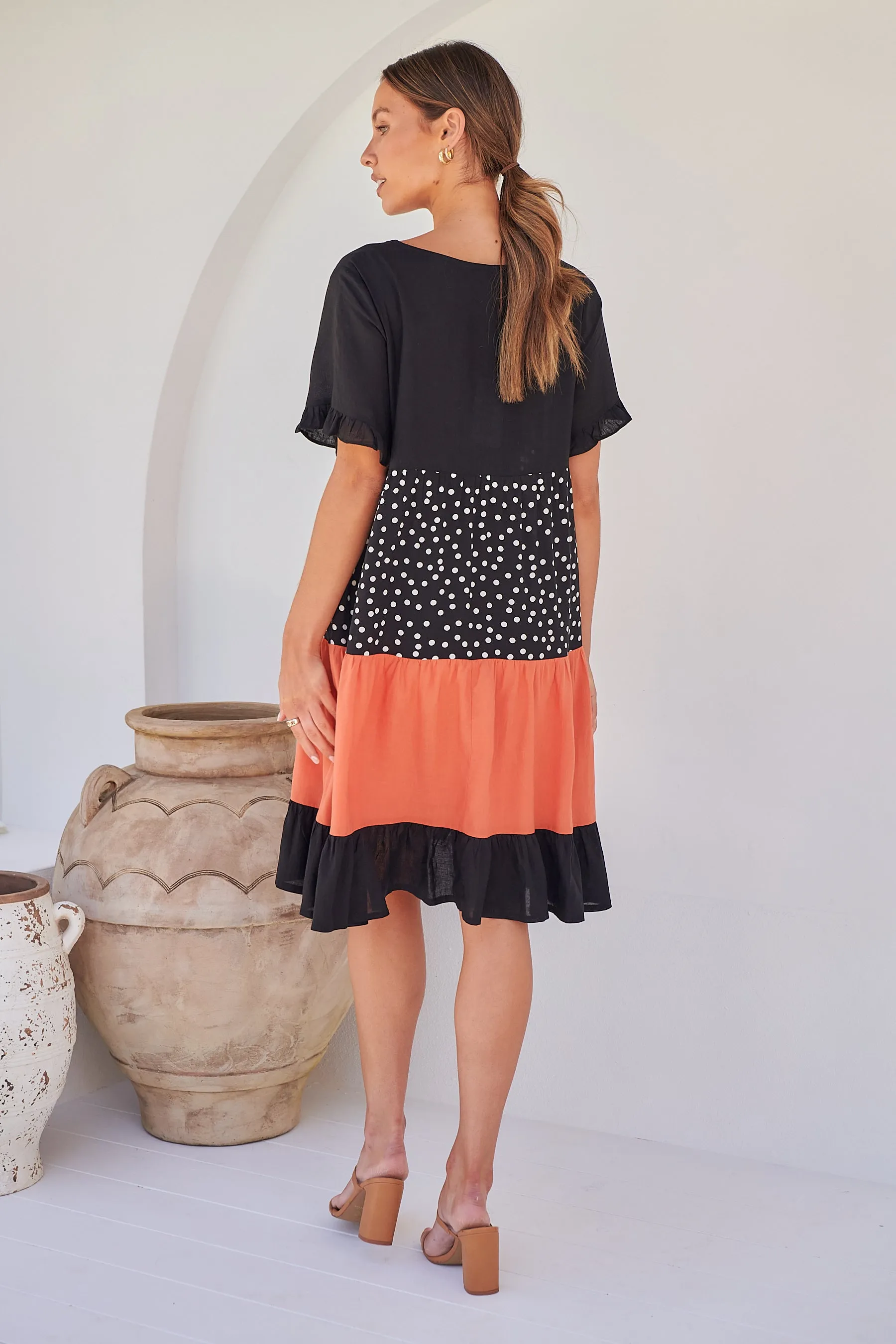 Madeline Black/Melon Polka Smock Pocket Dress