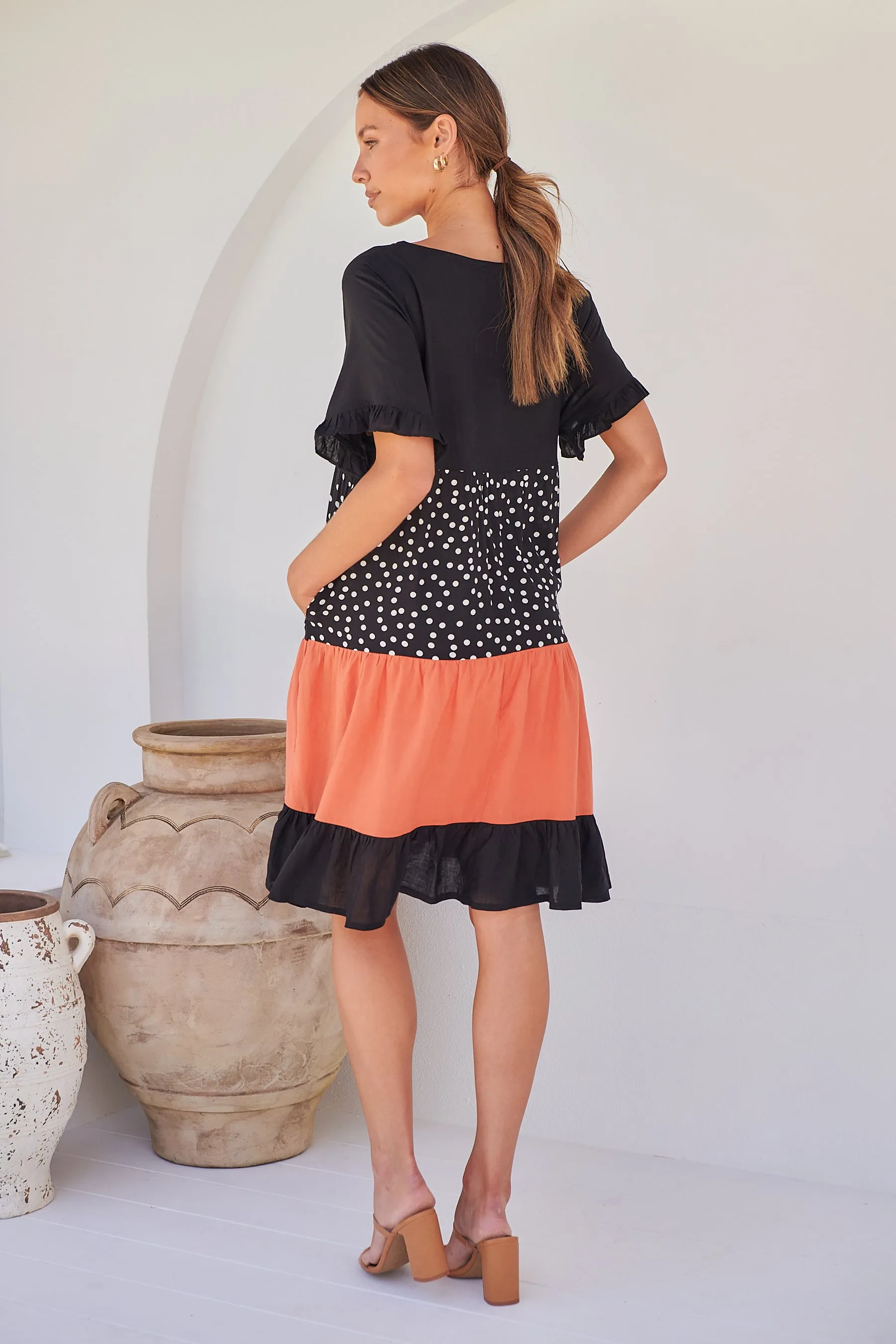 Madeline Black/Melon Polka Smock Pocket Dress