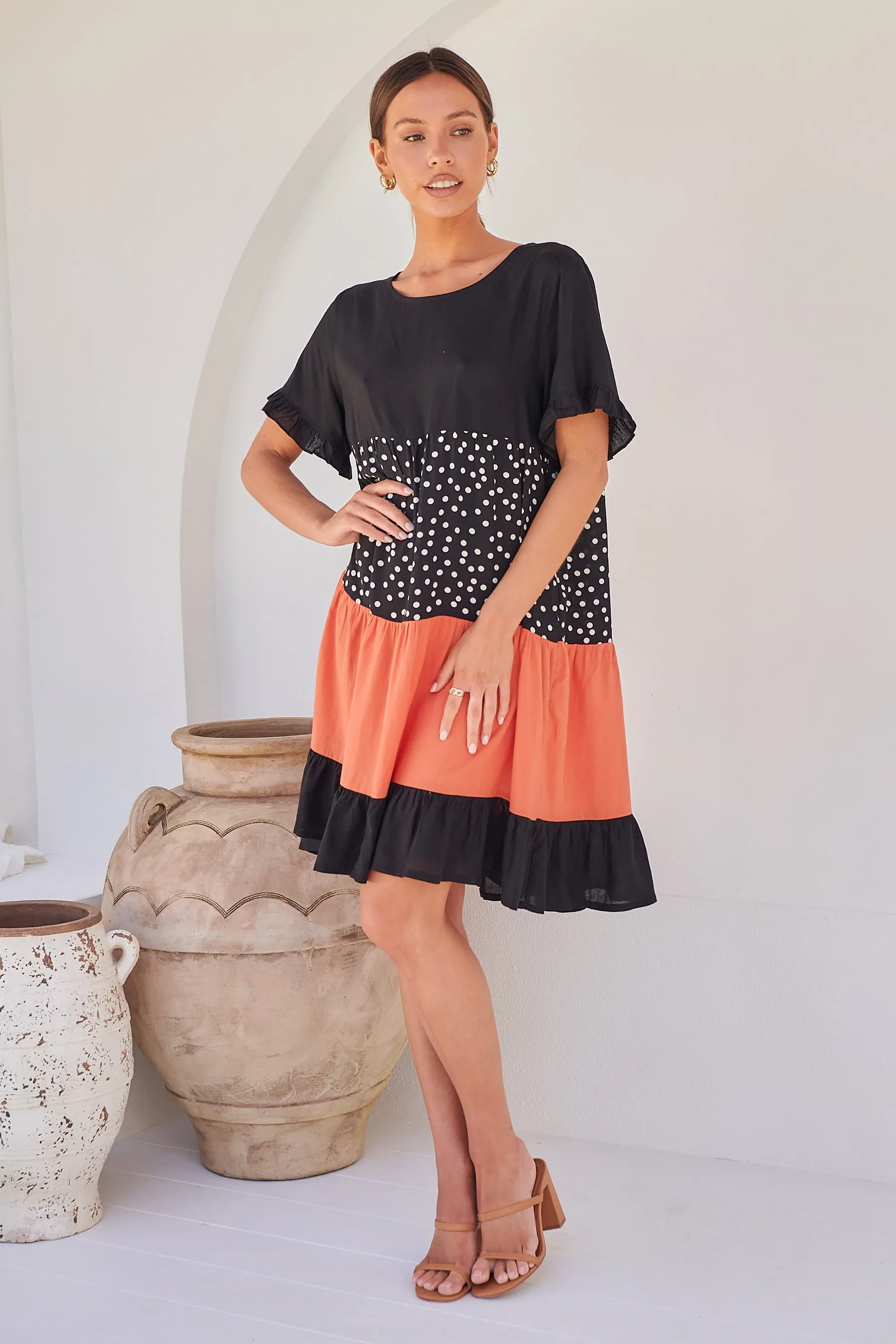 Madeline Black/Melon Polka Smock Pocket Dress