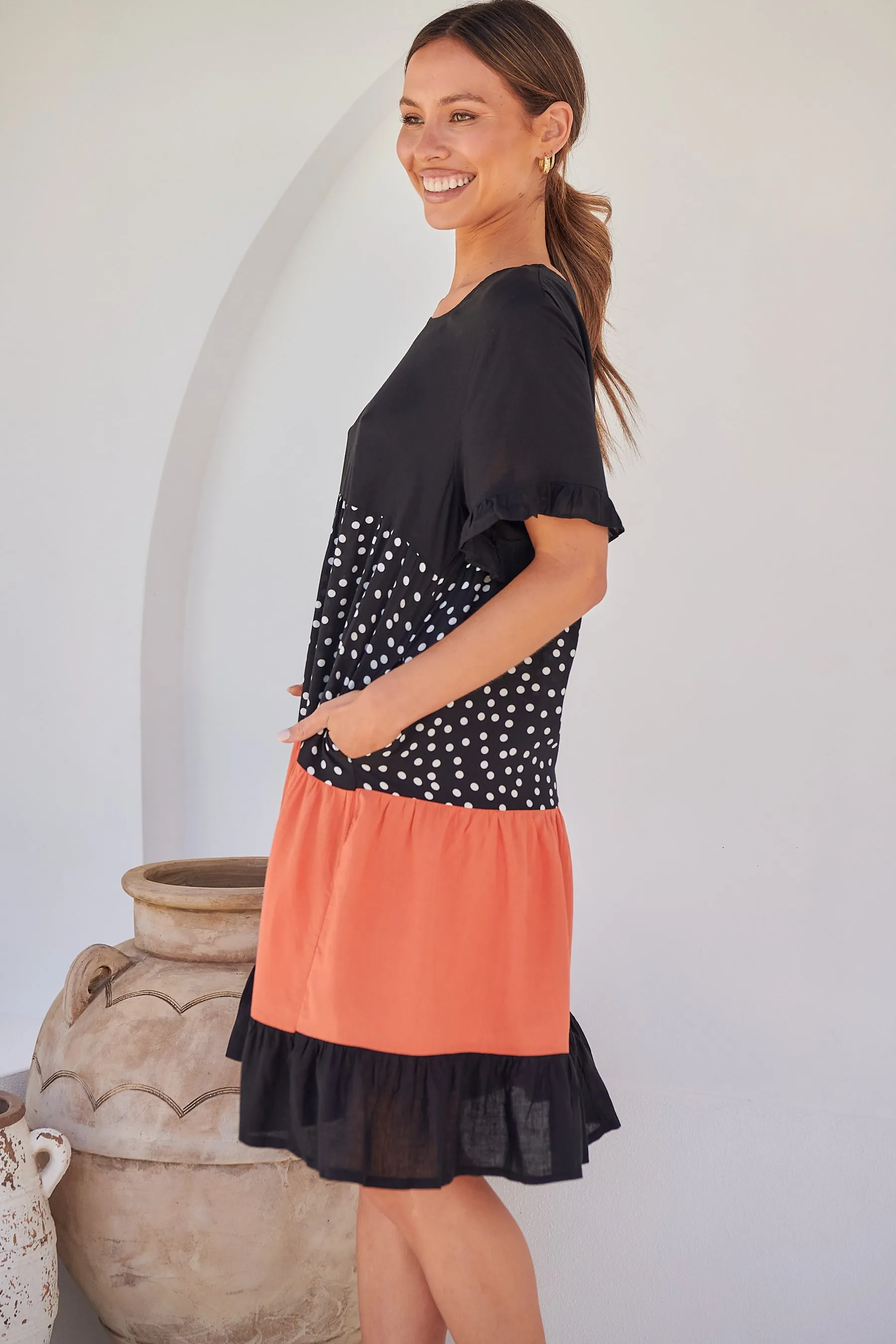 Madeline Black/Melon Polka Smock Pocket Dress