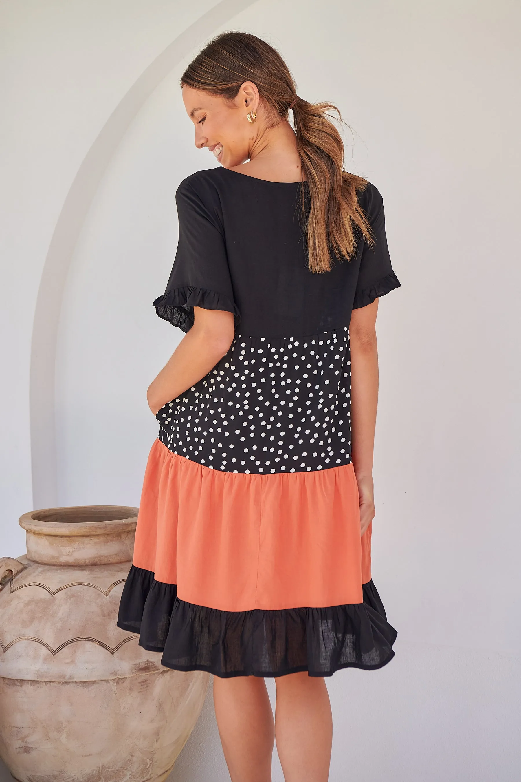 Madeline Black/Melon Polka Smock Pocket Dress