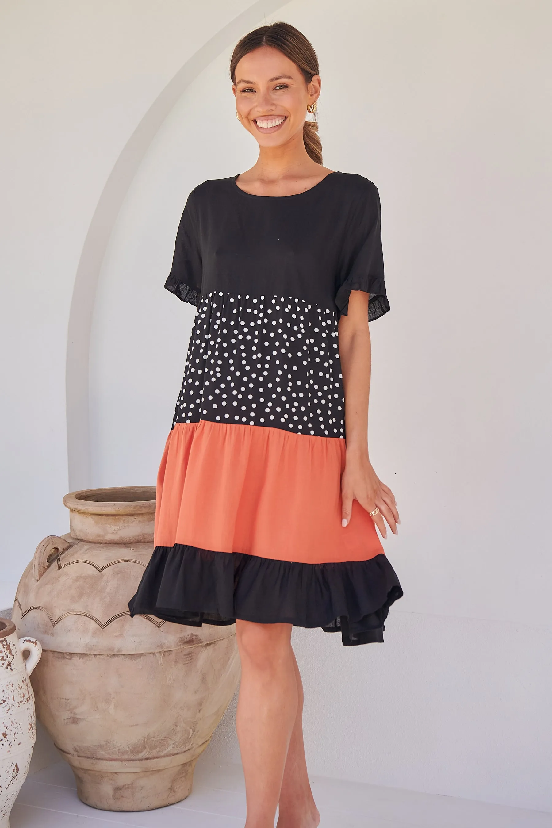 Madeline Black/Melon Polka Smock Pocket Dress