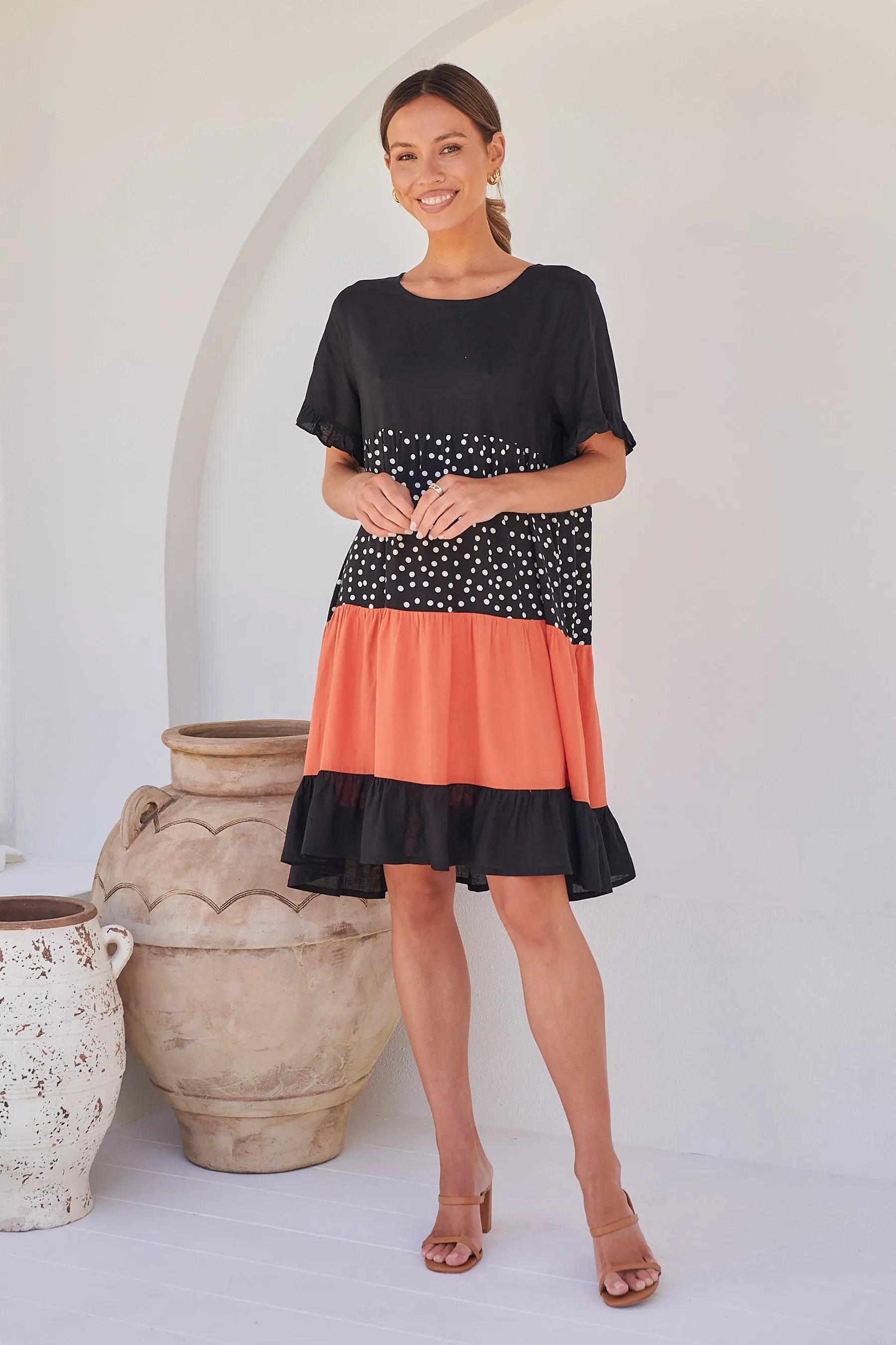 Madeline Black/Melon Polka Smock Pocket Dress