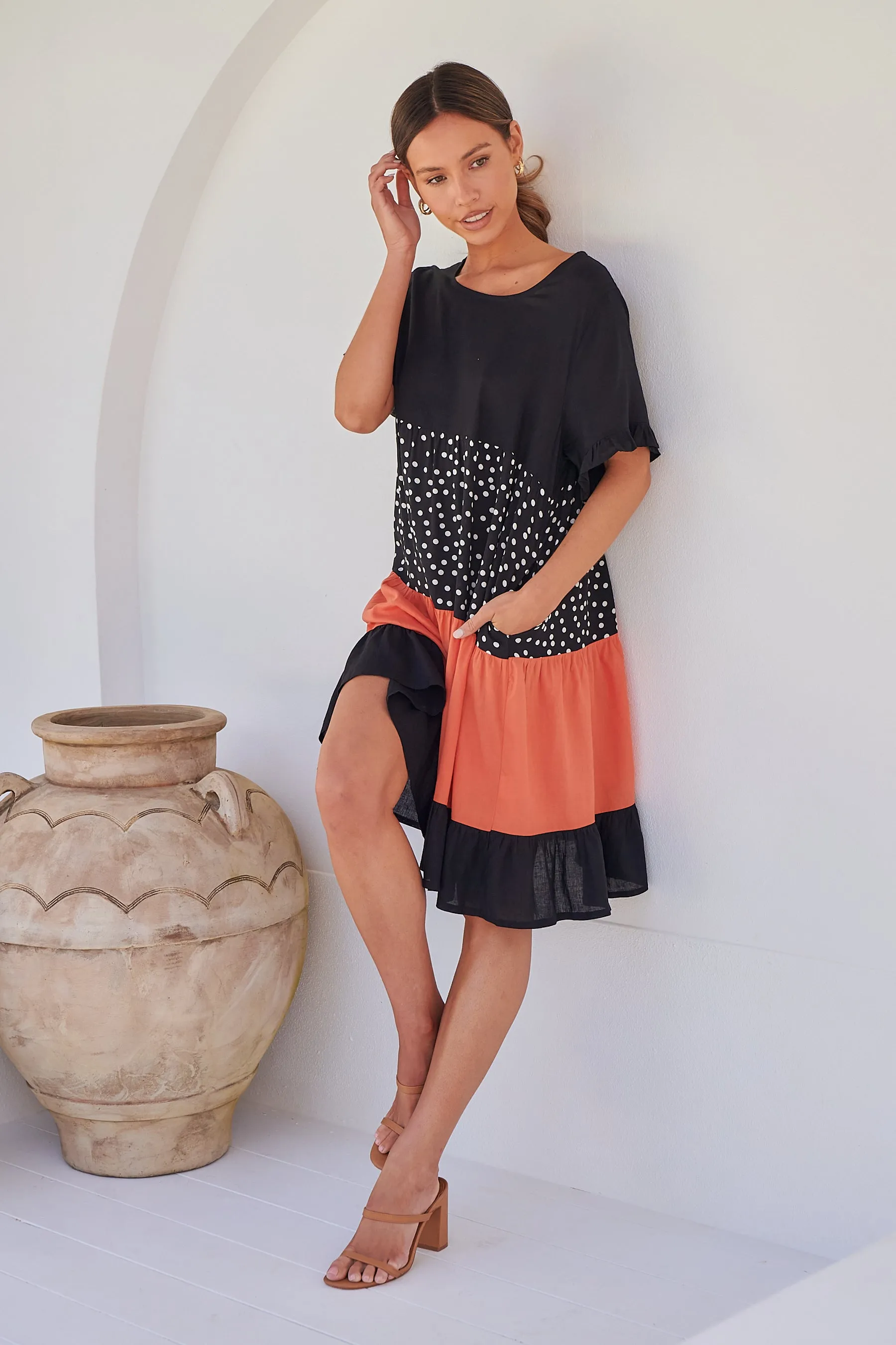 Madeline Black/Melon Polka Smock Pocket Dress