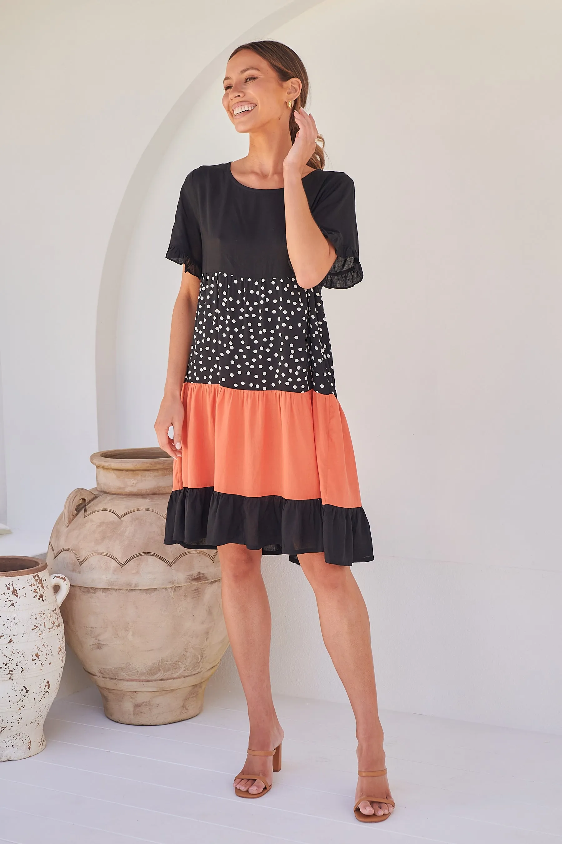 Madeline Black/Melon Polka Smock Pocket Dress