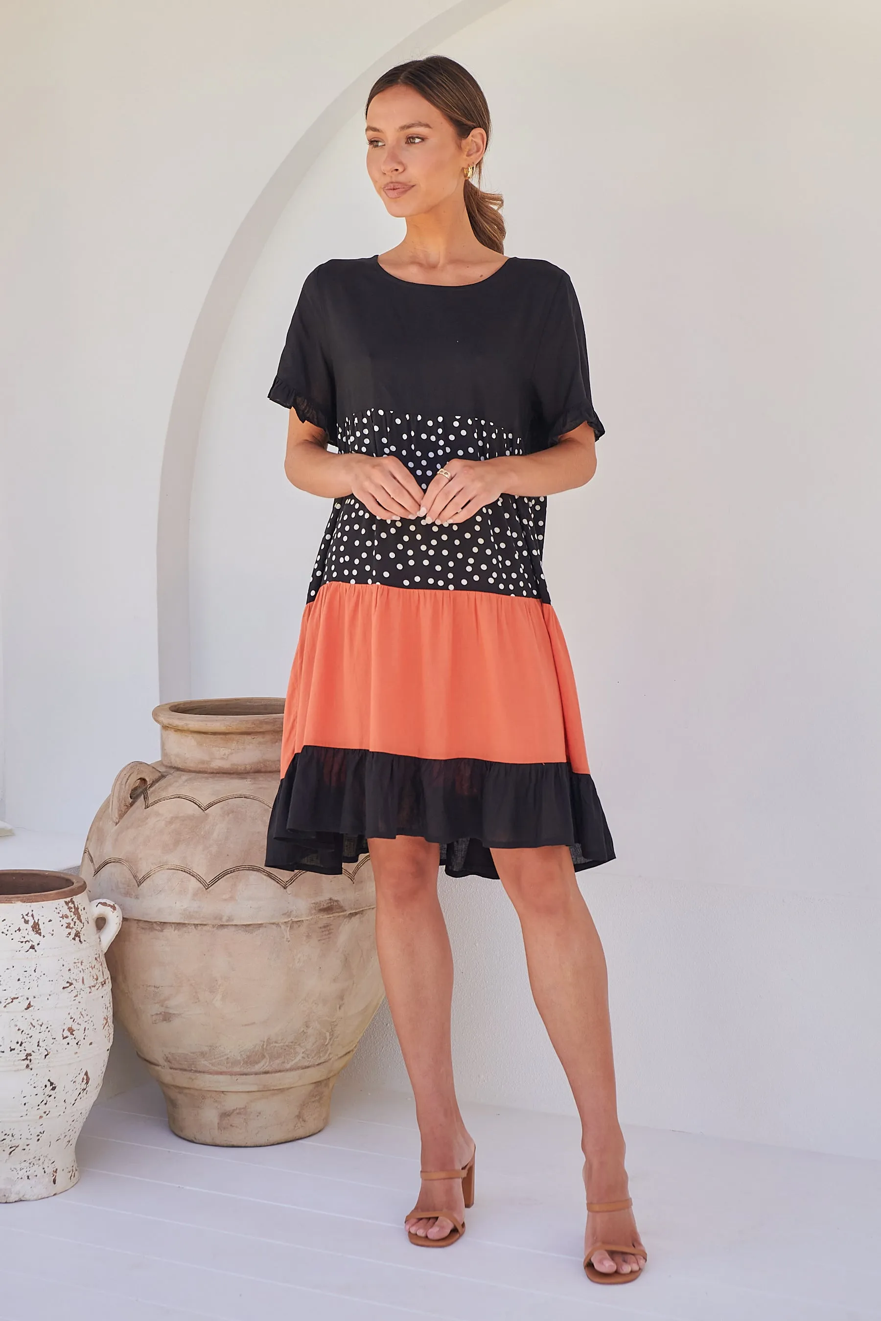 Madeline Black/Melon Polka Smock Pocket Dress