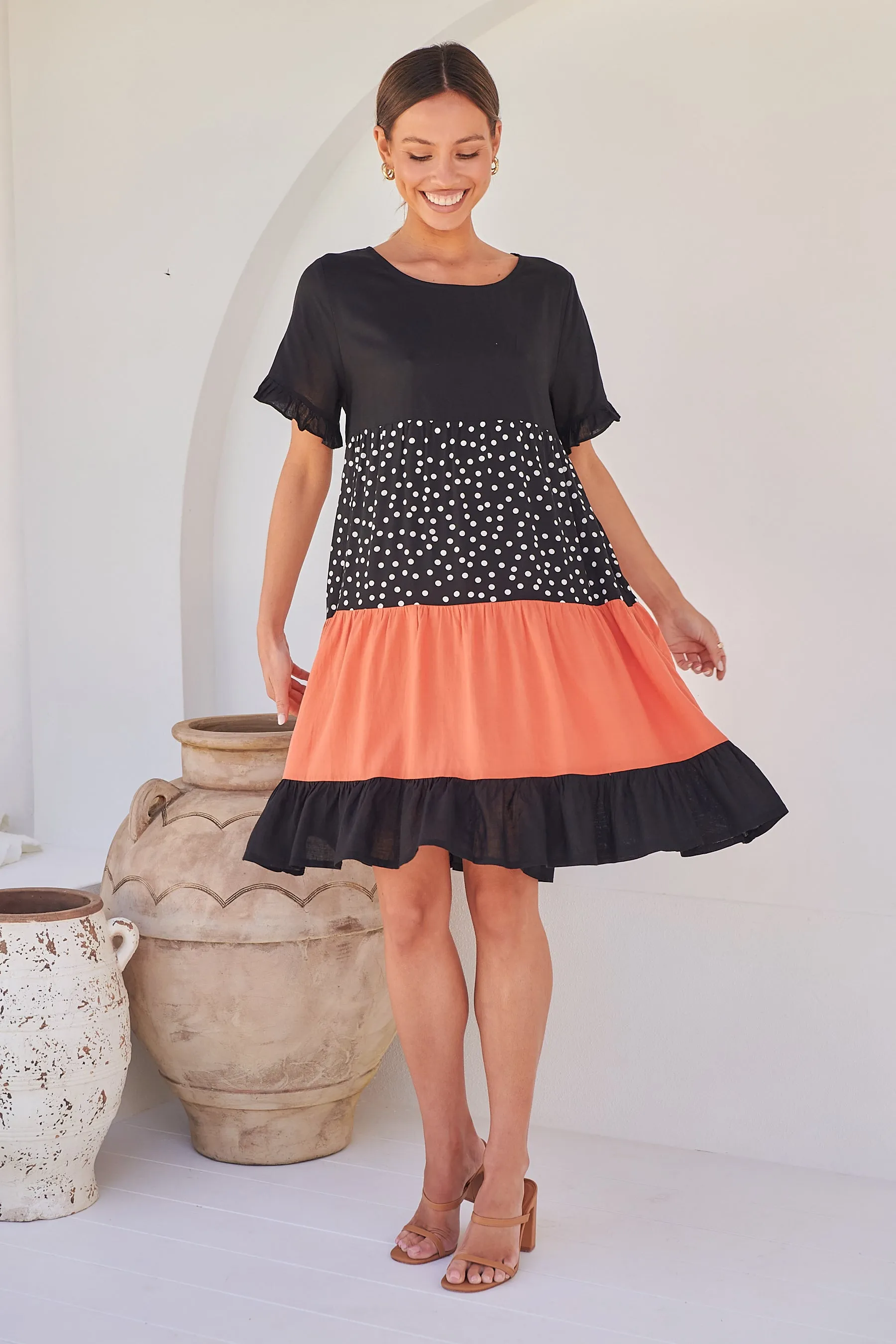 Madeline Black/Melon Polka Smock Pocket Dress