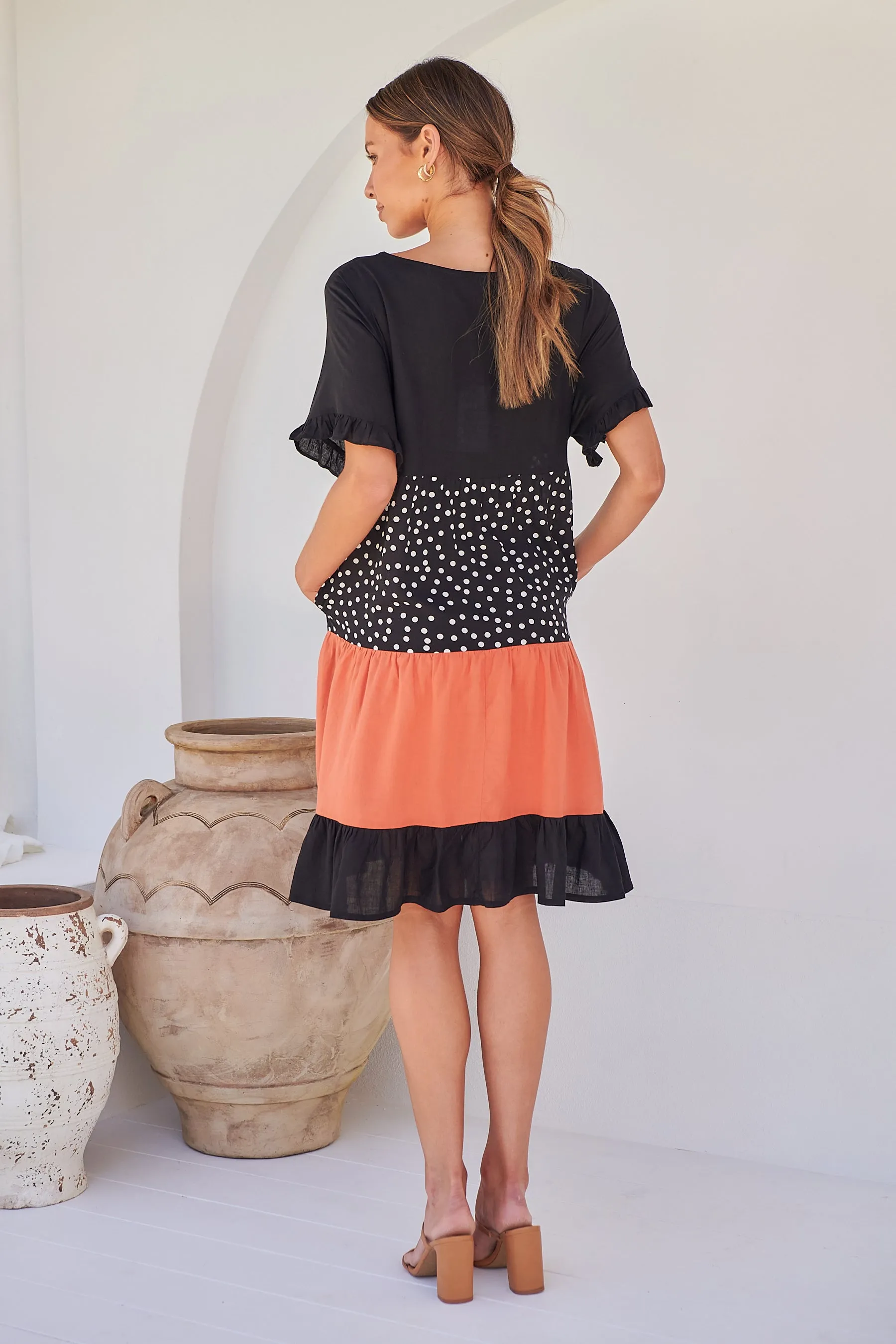 Madeline Black/Melon Polka Smock Pocket Dress