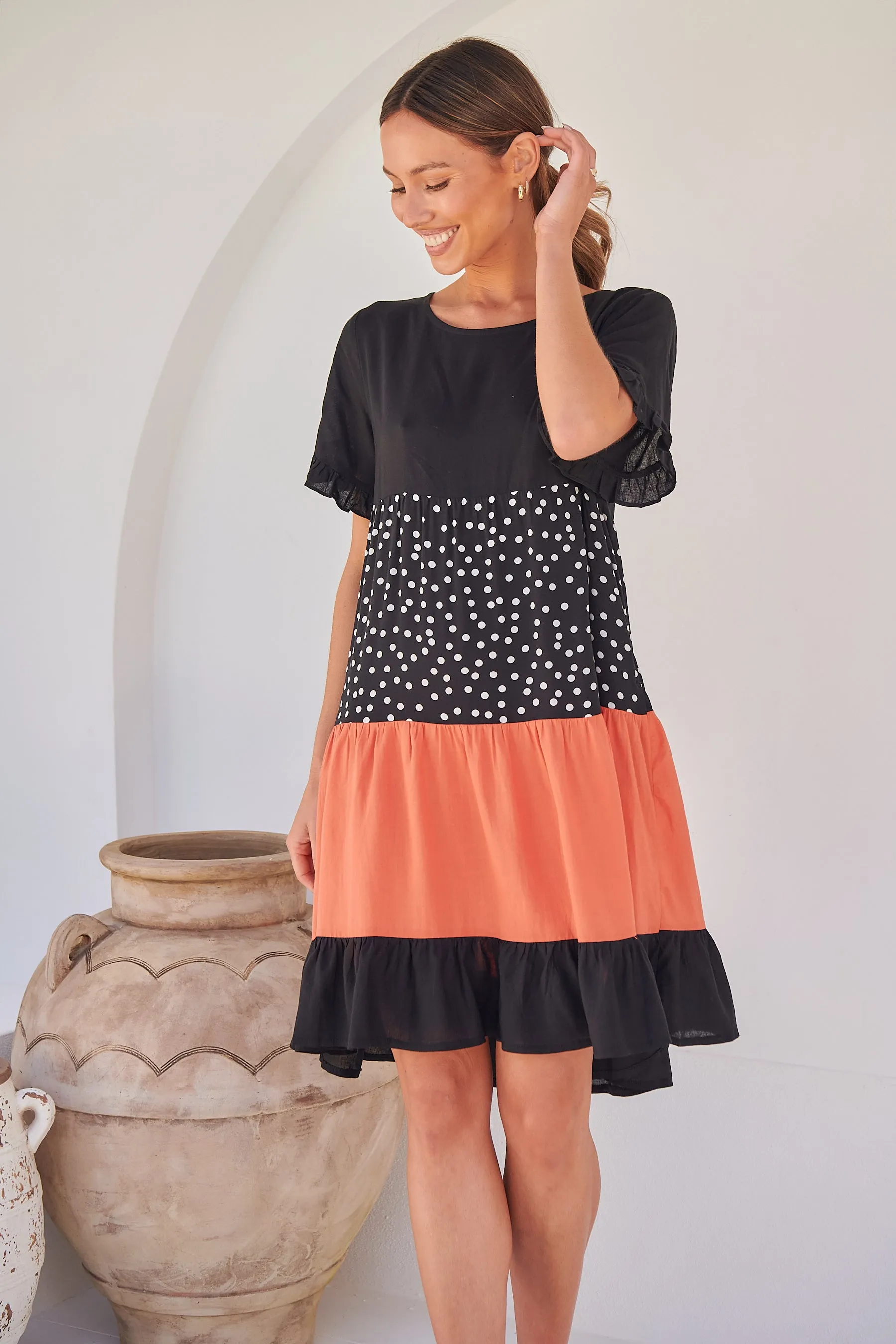 Madeline Black/Melon Polka Smock Pocket Dress