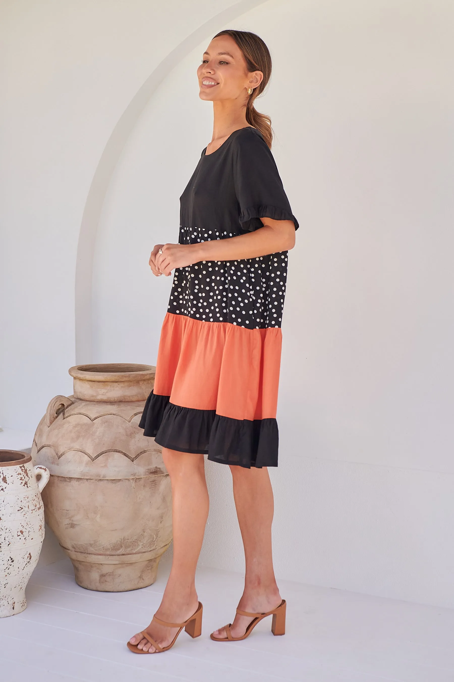 Madeline Black/Melon Polka Smock Pocket Dress