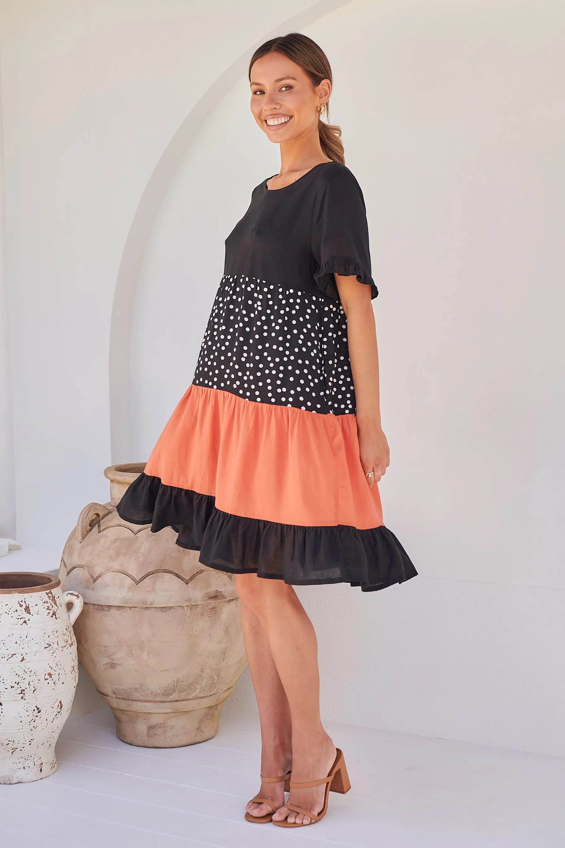 Madeline Black/Melon Polka Smock Pocket Dress