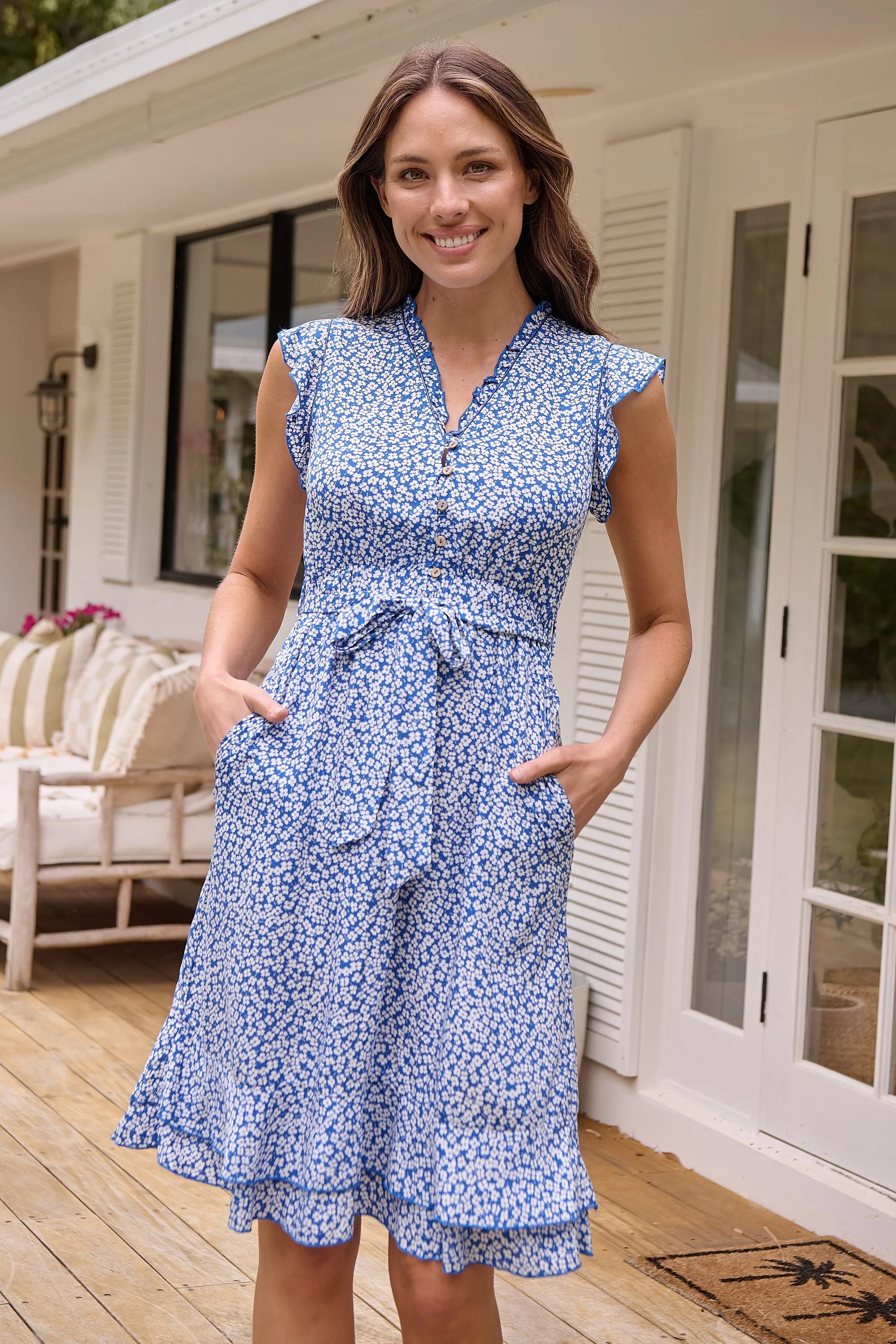 Maggie Sky blue/White Floral Midi Dress