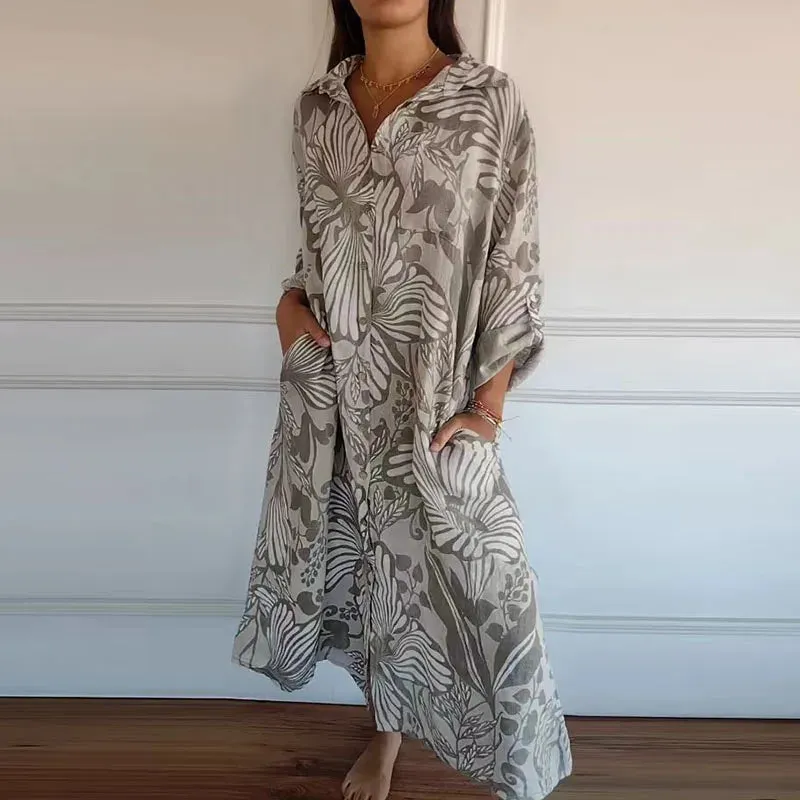 Pattern Print Office Lapel Single-breasted Long Sleeve Pocket Slit Floral Fashion Dress