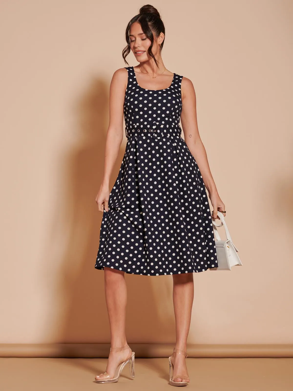 Polka Dot 1950's Inspired Swing Dress, Navy Spot