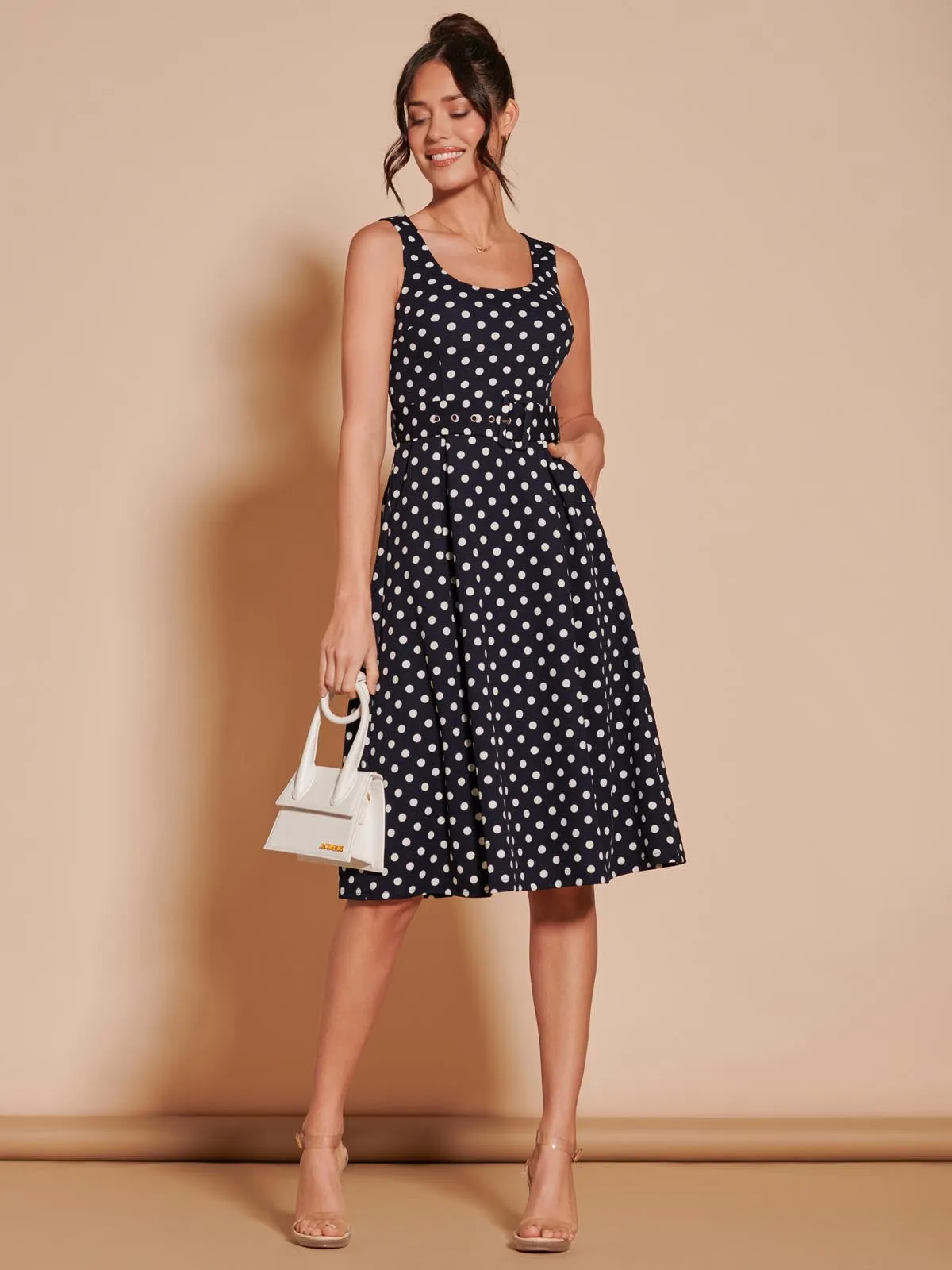 Polka Dot 1950's Inspired Swing Dress, Navy Spot