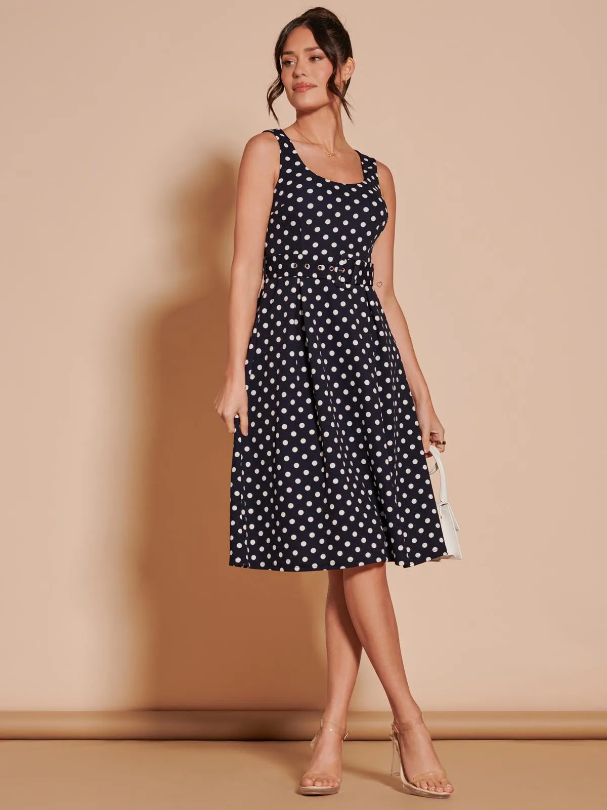 Polka Dot 1950's Inspired Swing Dress, Navy Spot