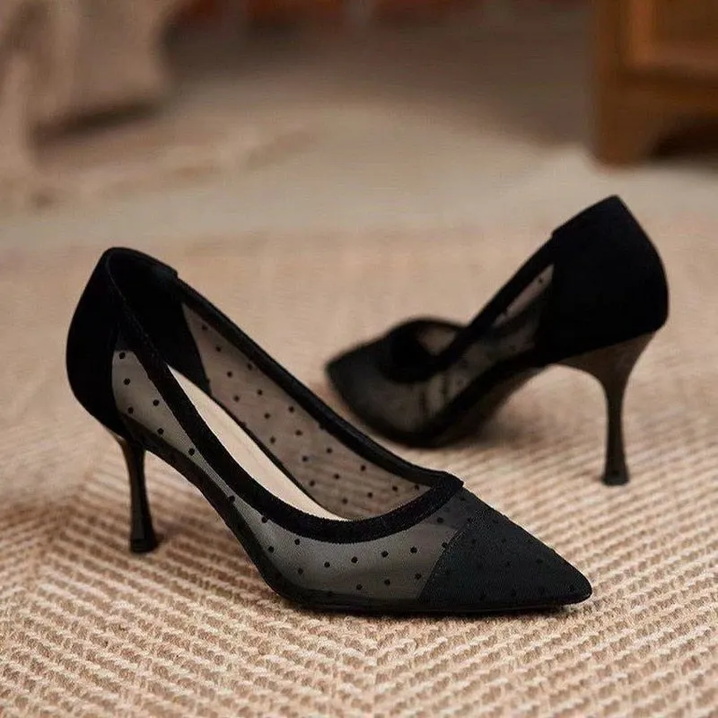 Purpdrank - Spring Summer Thin Heels Pumps Women Pointy Toe High Heel Work Shoes Black Polka Dot Mesh Vintage Elegant Shallow Stiletto