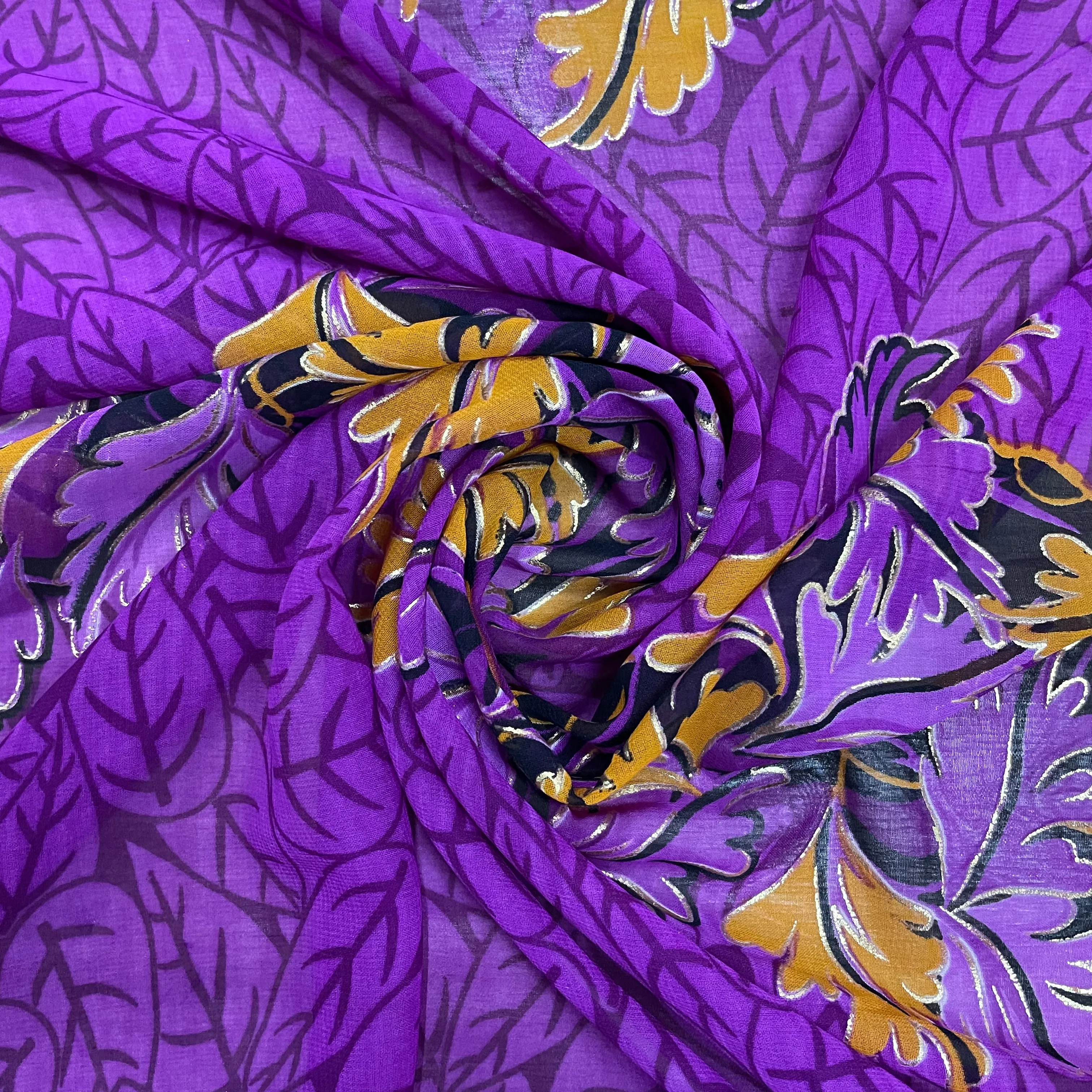 Purple With Yellow Floral Foil Print Georgette Fabric