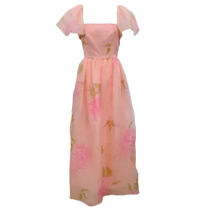 Richilene Pink Vintage Flutter Sleeve Floral Dress with Gold Stitching