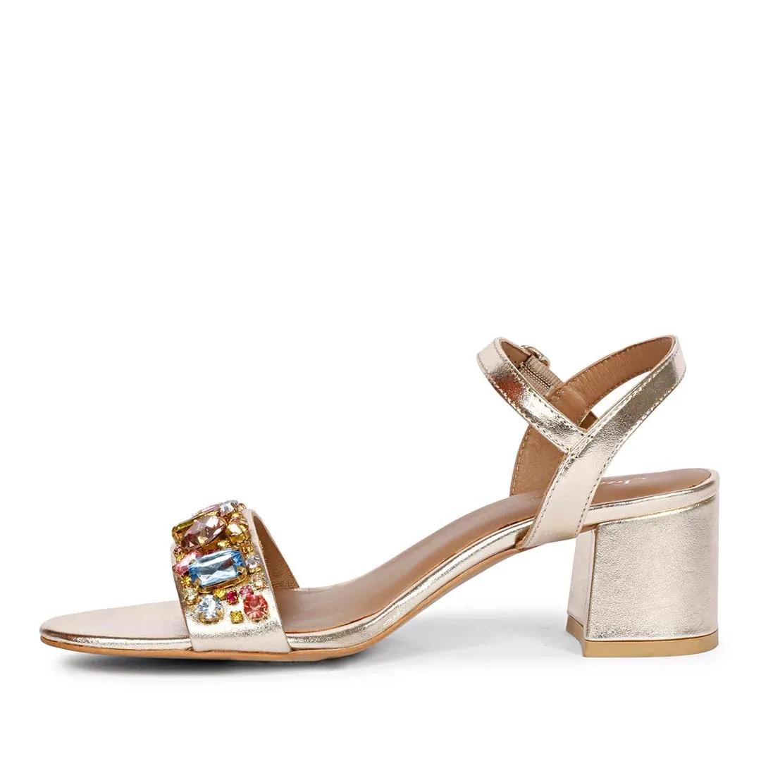 Saint Ella Multi Stones Decor Platin Leather Block Heels