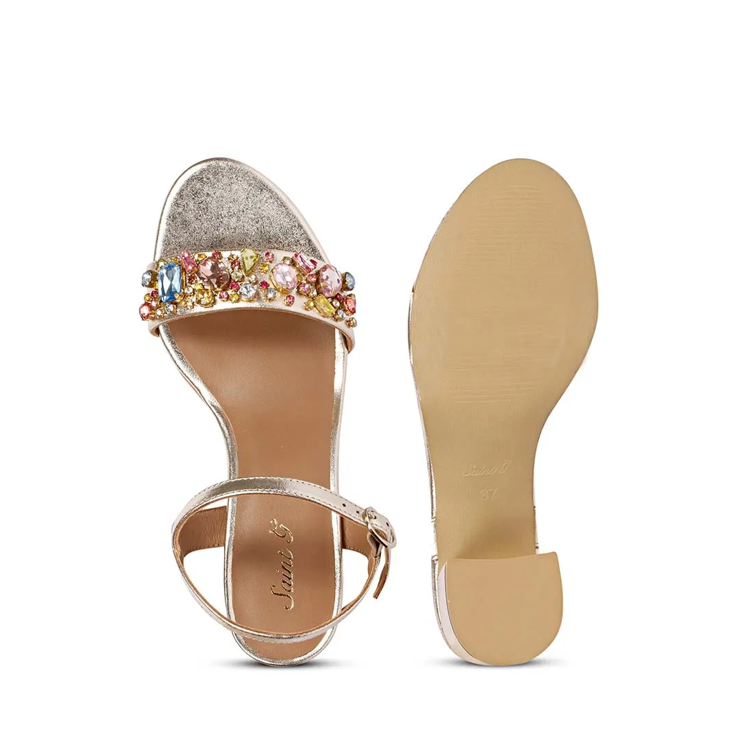 Saint Ella Multi Stones Decor Platin Leather Block Heels