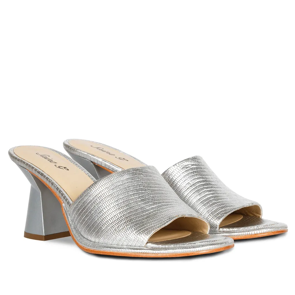 Saint Evelyn Silver Lizard Print Leather Heels