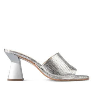 Saint Evelyn Silver Lizard Print Leather Heels