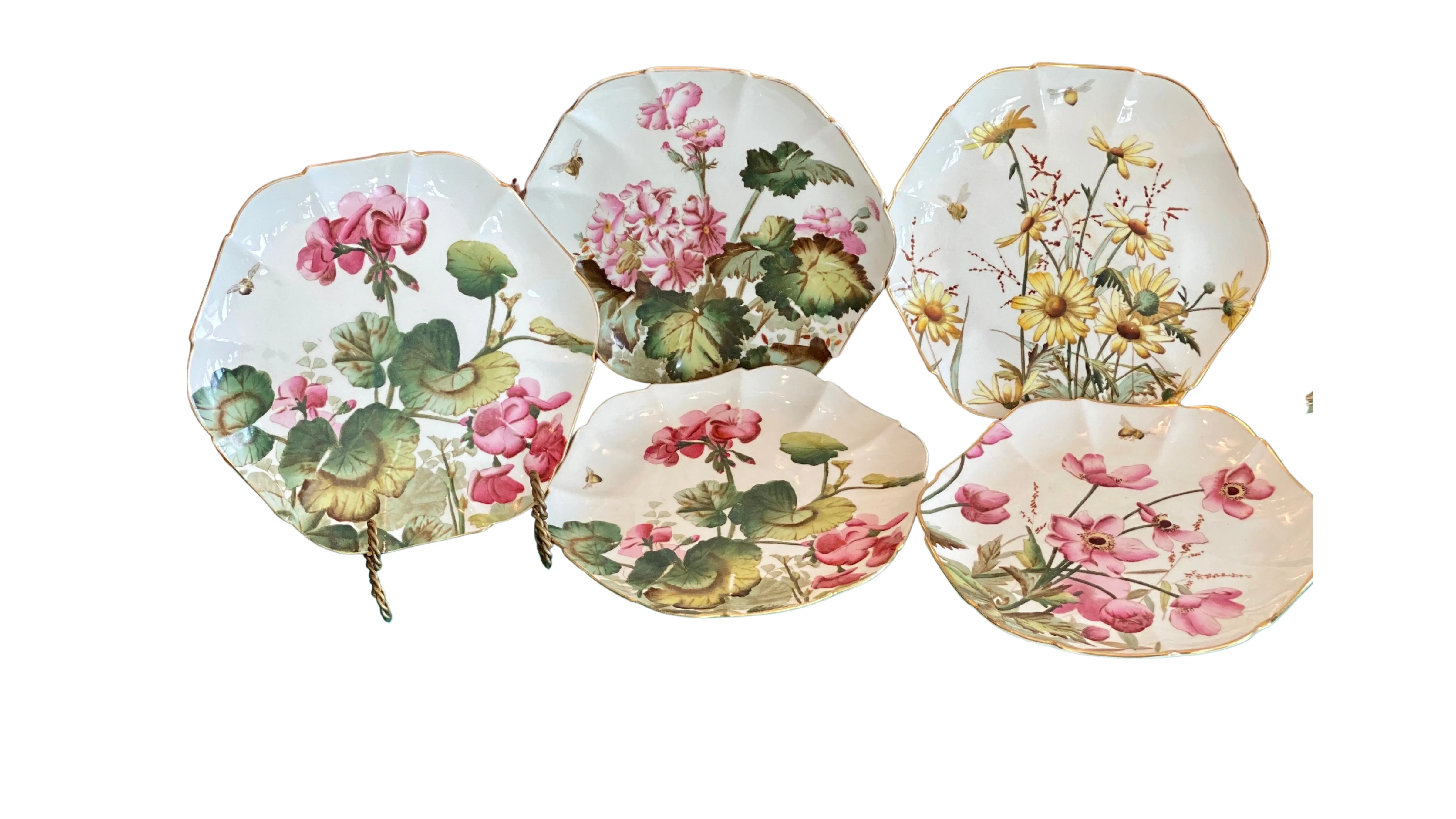 Set of 5 Vintage dinner / dessert plates porcelain floral, bee plates gold trim