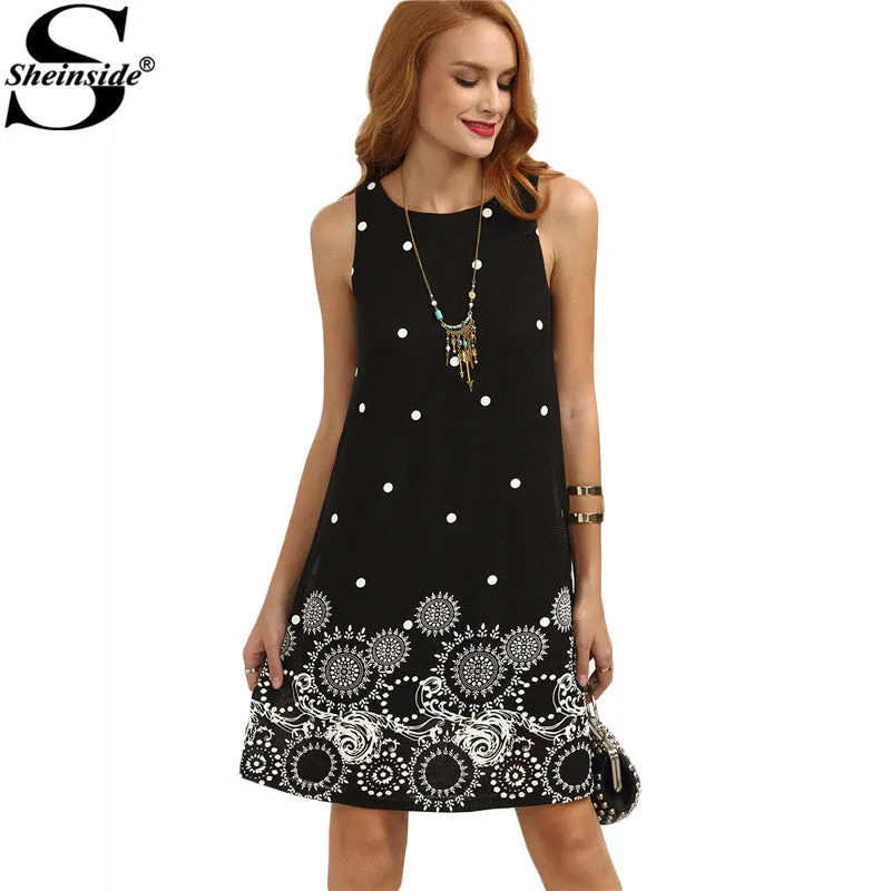 Sheinside Ladies Vintage Boho Summer Dress Black Polka Dot Print Straight Dresses Cute Women Crew Neck Sleeveless Mini Dress