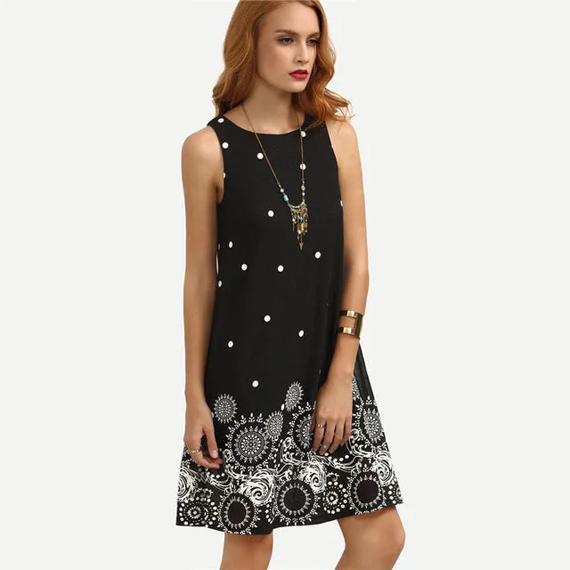 Sheinside Ladies Vintage Boho Summer Dress Black Polka Dot Print Straight Dresses Cute Women Crew Neck Sleeveless Mini Dress