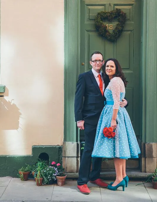 Short Blue Polka Dot Wedding Dress with 3/4 SleevesTea Length Short Vintage Wedding Dress,20110943