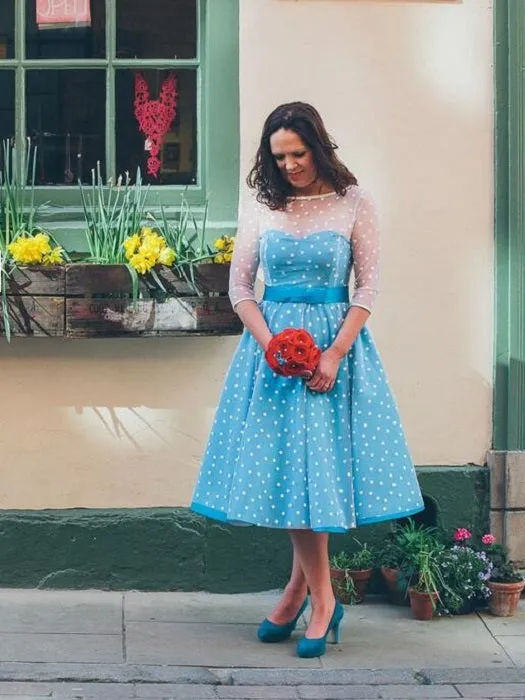 Short Blue Polka Dot Wedding Dress with 3/4 SleevesTea Length Short Vintage Wedding Dress,20110943