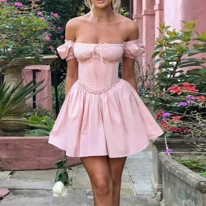 Short Sleeve Mini Casual Solid Color Backless Corset A-Line Beach Cocktail Streetwear Summer Y2k Dress