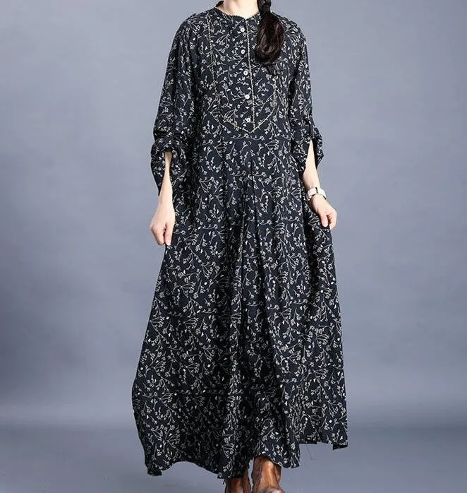 Slit Large Hem Floral Linen Cotton Women Maxi Dresses  LVSG200122