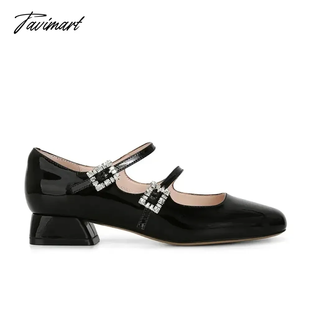 Tavimart 2024 New Spring Korea Flats Fashion Mary Jane Shoes Square Toe Women's Shoes Retro Rhinestone  Buckle PU Red Black Women Pumps