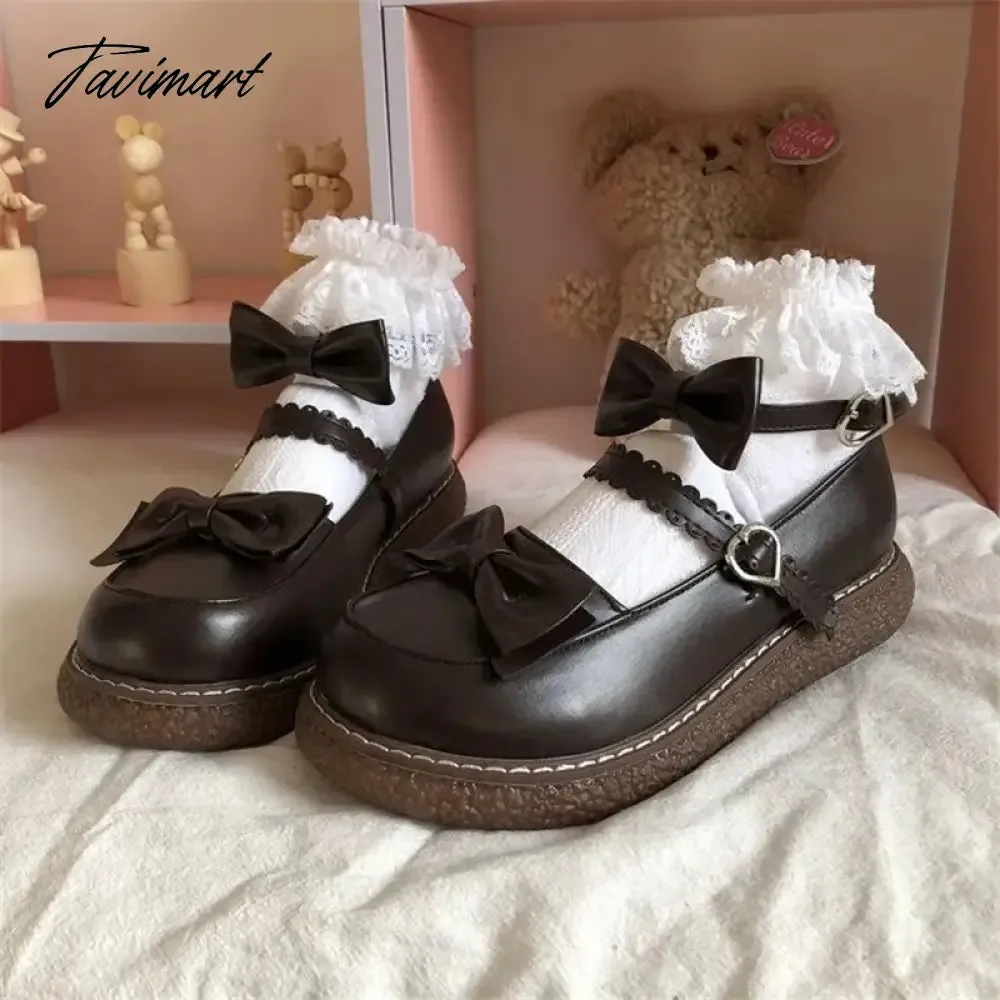 TAVIMART  -  Mary Jane Pu Lolita shoes Round Toe Japanese Jk Uniform White Black Brown Women's Bow Cute Loli Vintage Female Sweet Girls