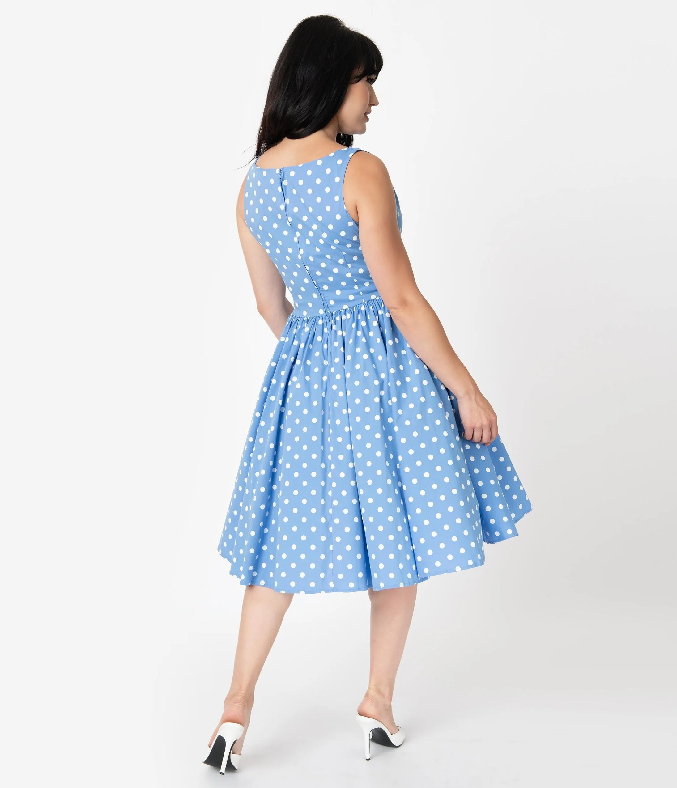 Unique Vintage Periwinkle Blue & White Polka Dots Doheny Swing Dress