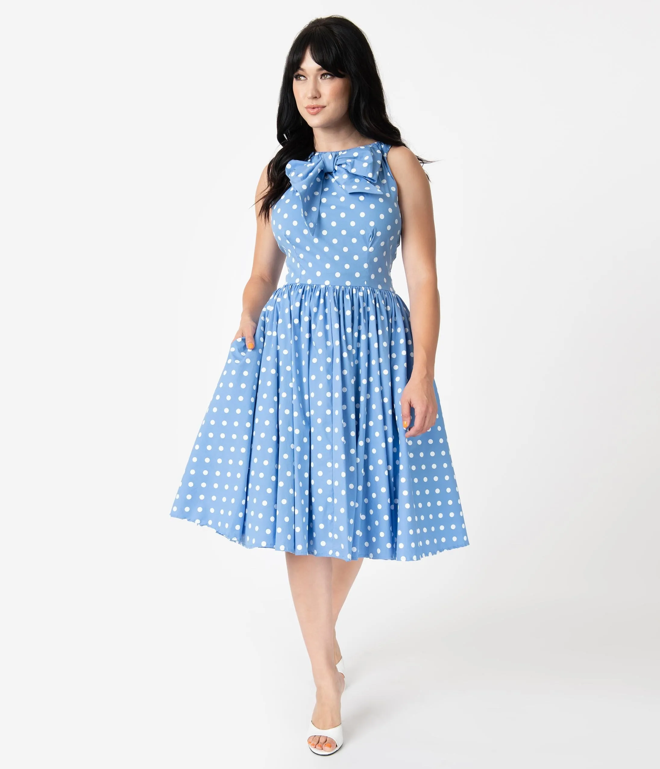 Unique Vintage Periwinkle Blue & White Polka Dots Doheny Swing Dress