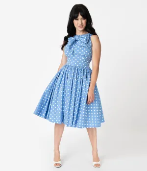 Unique Vintage Periwinkle Blue & White Polka Dots Doheny Swing Dress