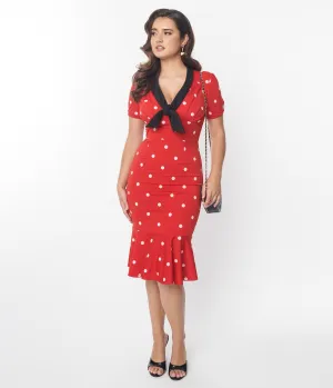 Unique Vintage Red & White Polka Dot Neck Tie Wiggle Dress