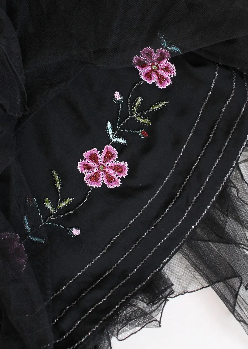 Vintage 1920s Floral Beaded Black Silk Flapper Dress