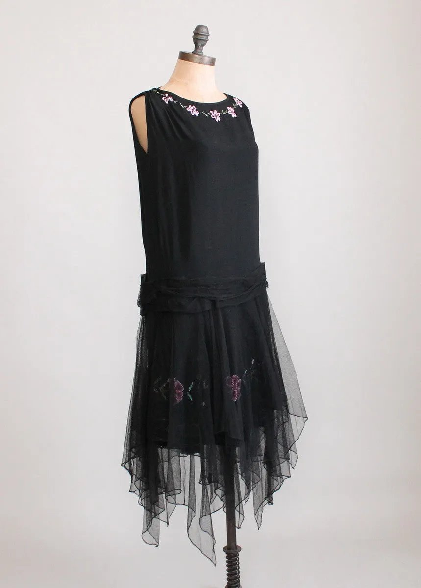 Vintage 1920s Floral Beaded Black Silk Flapper Dress