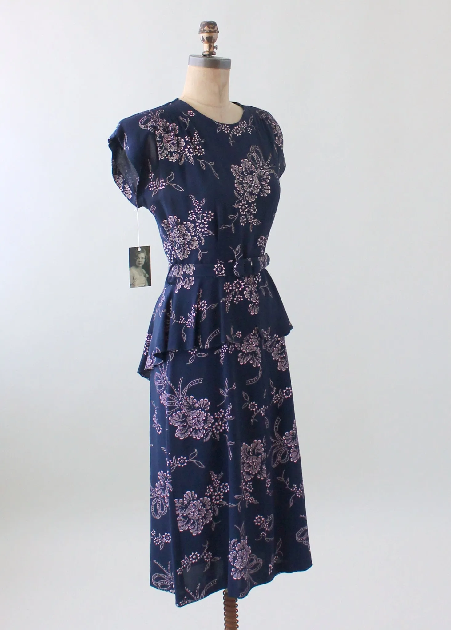 Vintage 1940s Navy and Pink Rayon Floral Dress with Peplum