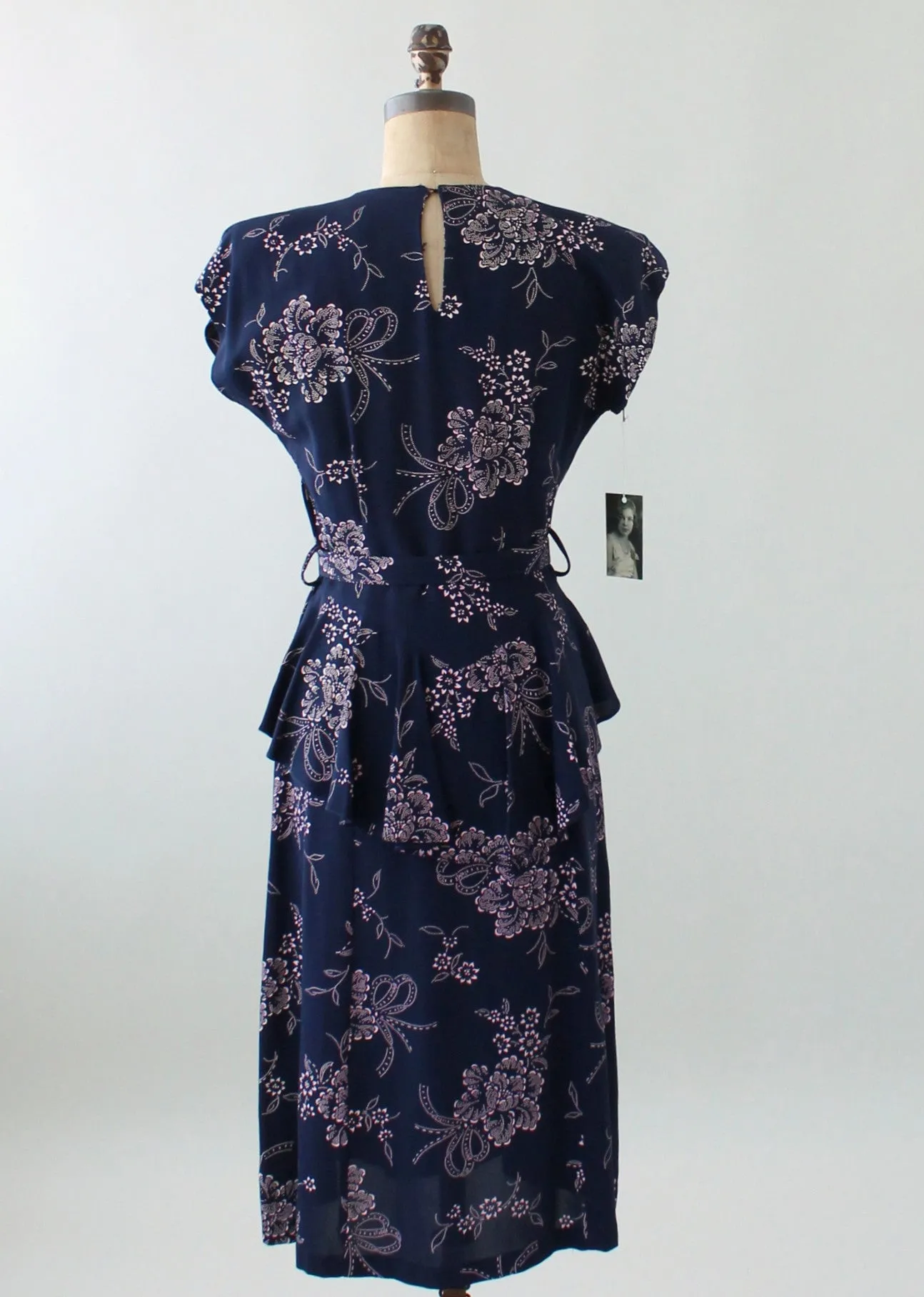 Vintage 1940s Navy and Pink Rayon Floral Dress with Peplum