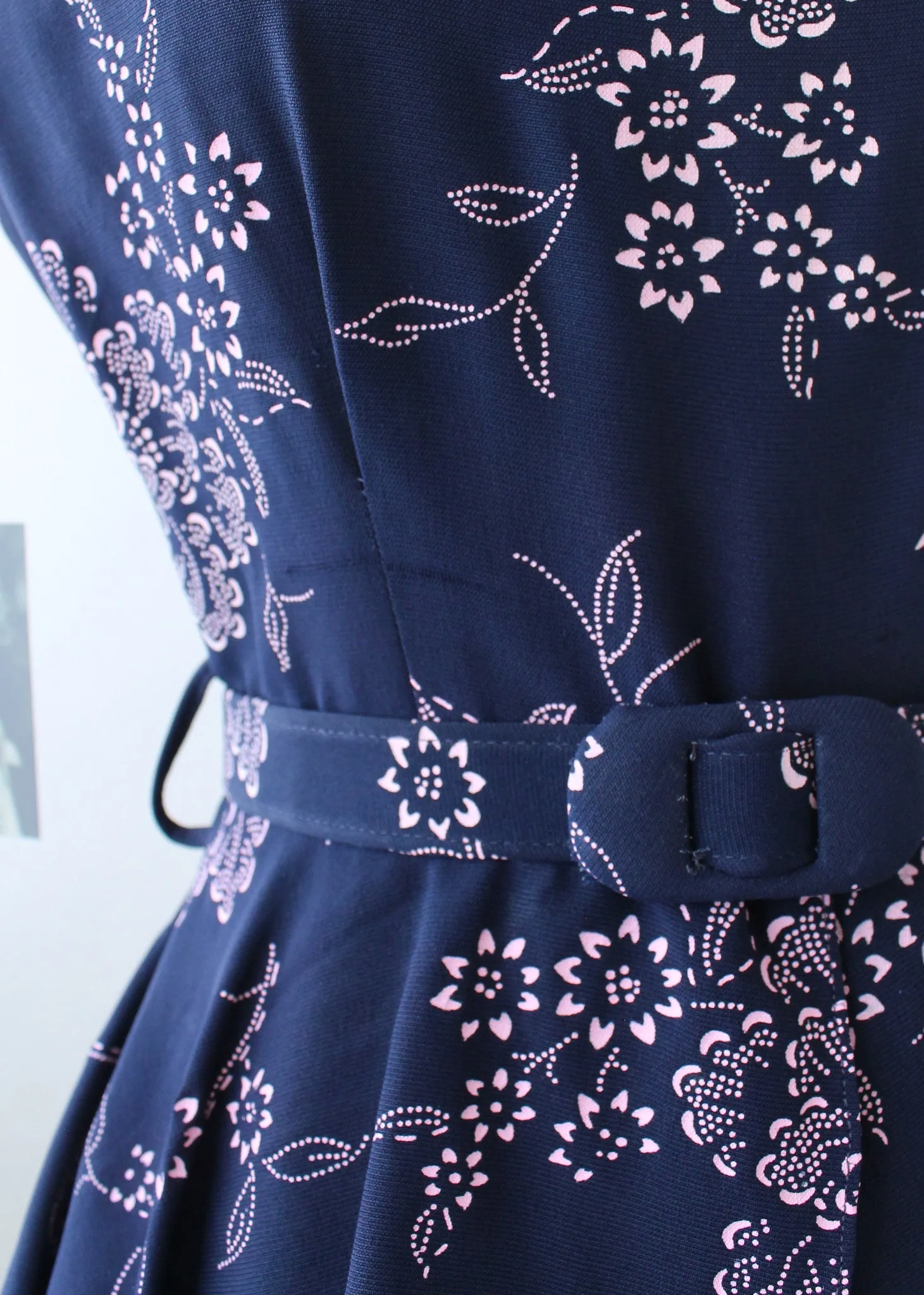 Vintage 1940s Navy and Pink Rayon Floral Dress with Peplum