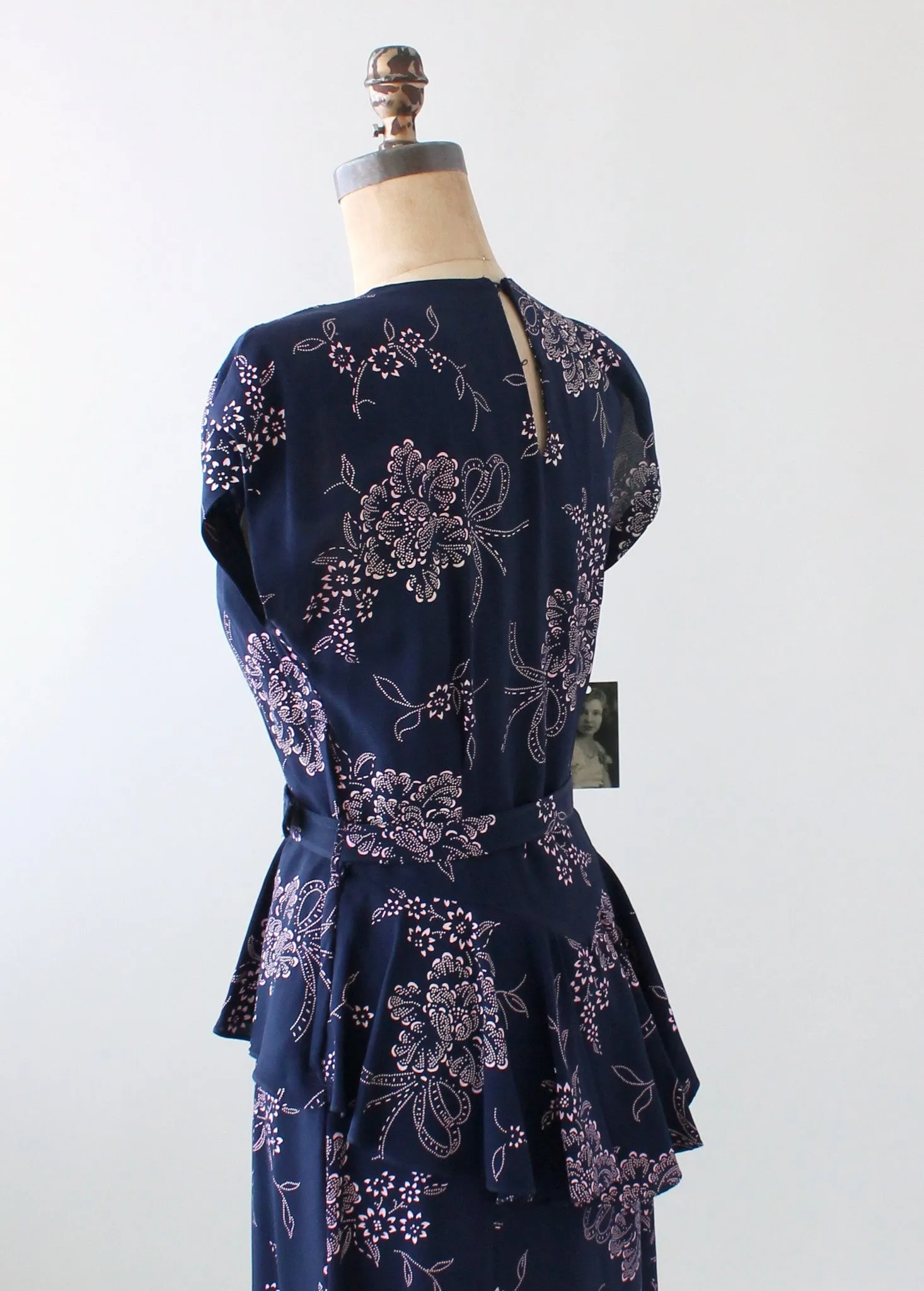 Vintage 1940s Navy and Pink Rayon Floral Dress with Peplum