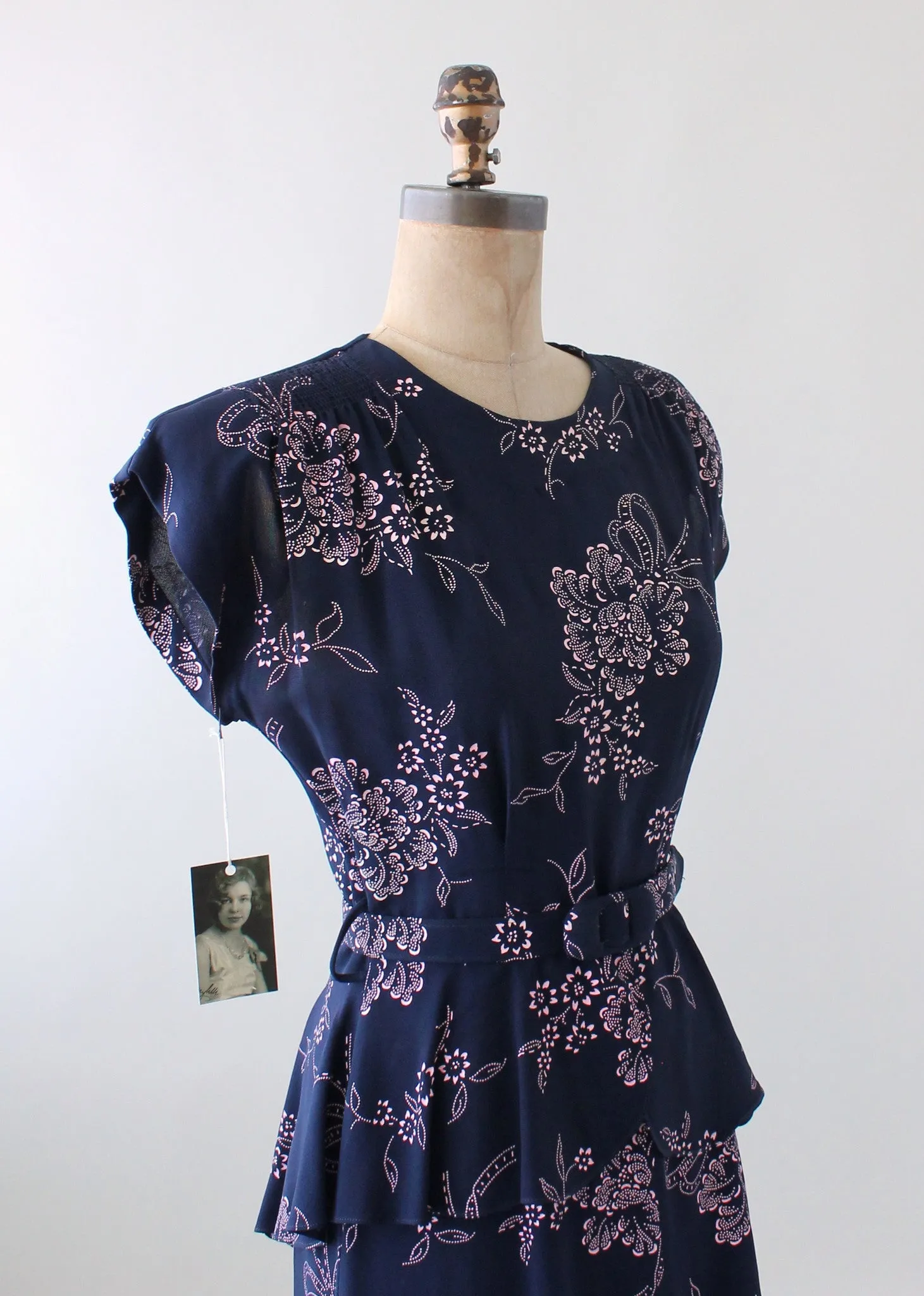 Vintage 1940s Navy and Pink Rayon Floral Dress with Peplum