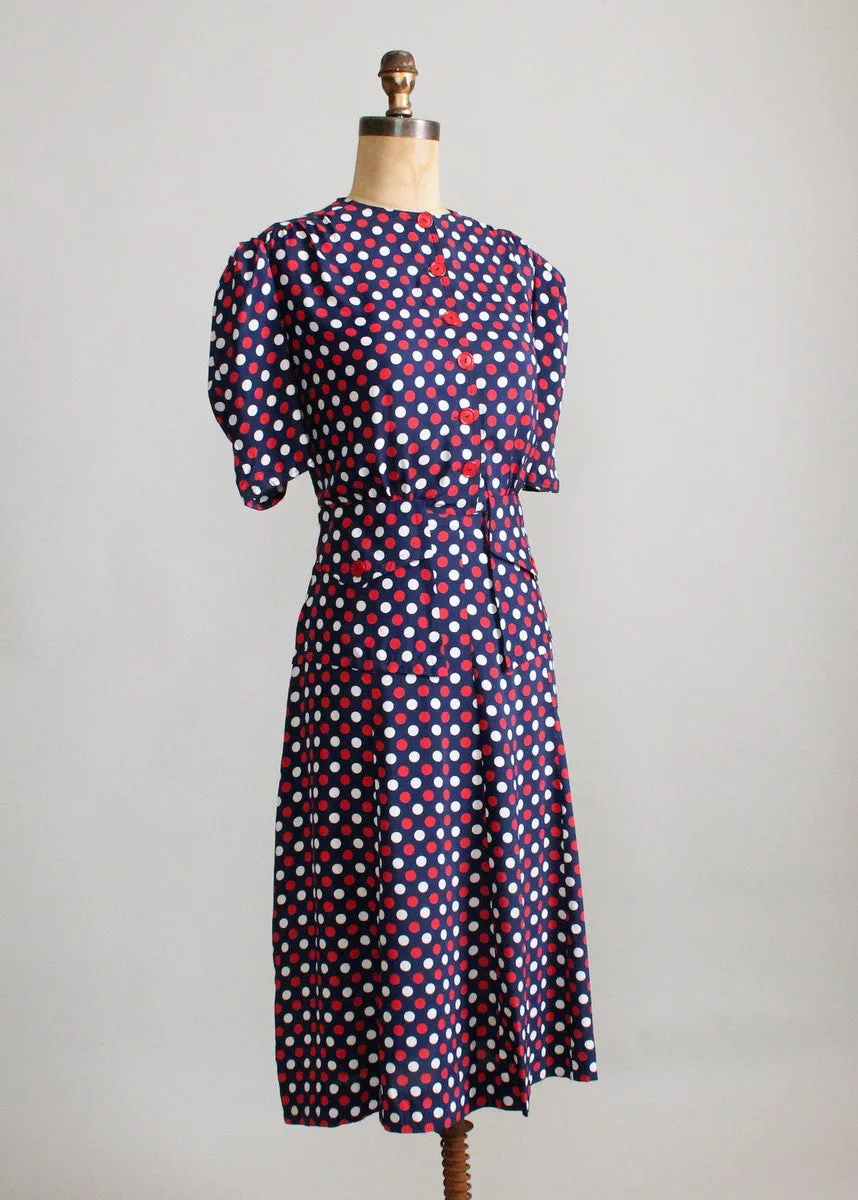 Vintage 1940s Red, White, and Blue Polka Dot Dress